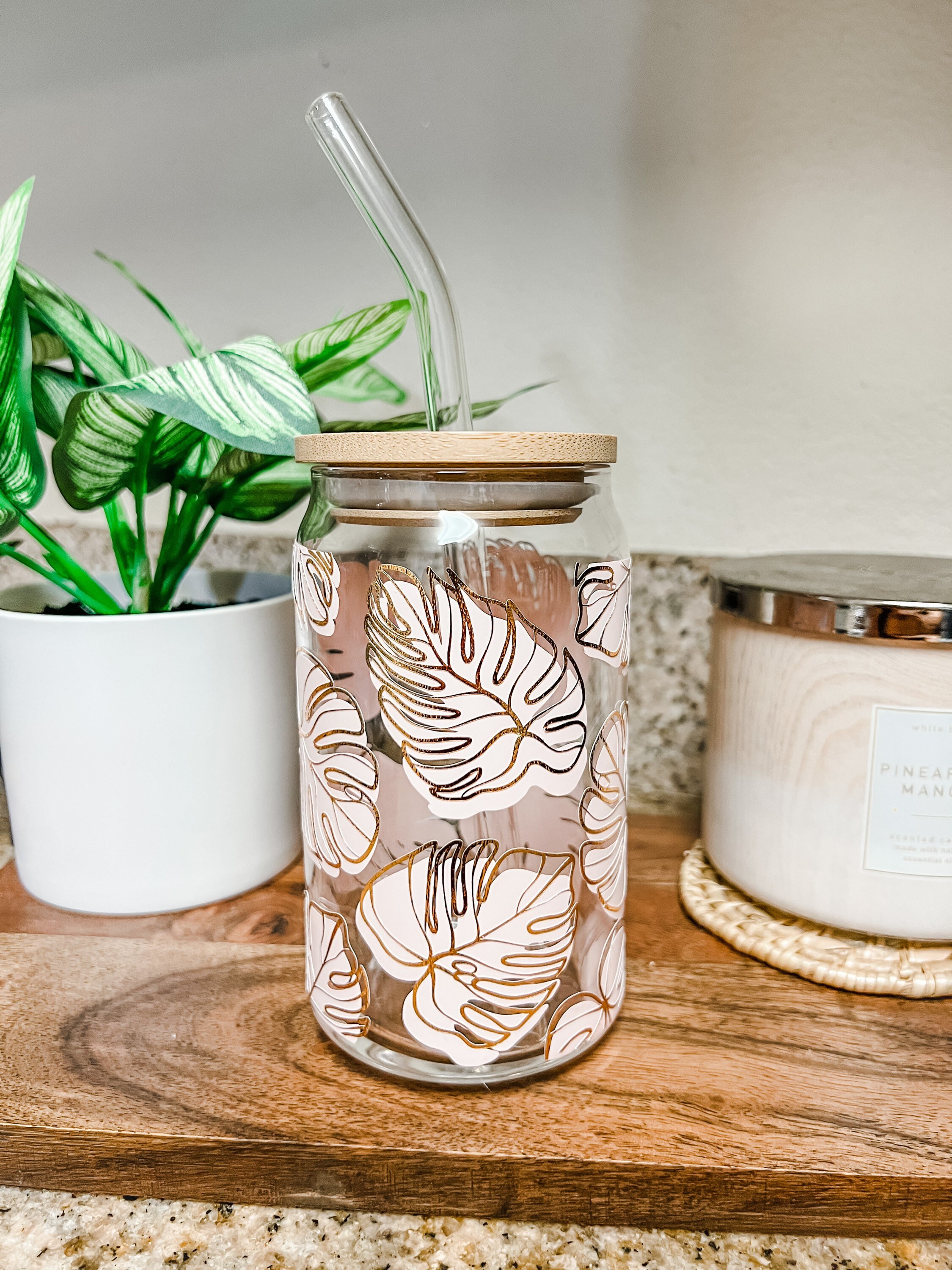 Pink and Gold Monstera Beer Can Coffee Glass