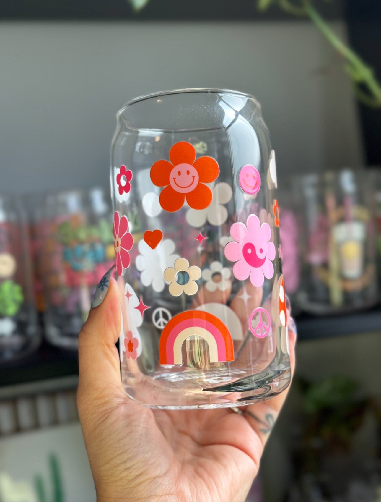 Retro Aesthetic Coffee Cup | Groovy Iced Coffee Cup | Glass Cup | Coffee Glass | Iced Coffee Glass | Glass Can | Cute Cup | Trendy Glass Cup