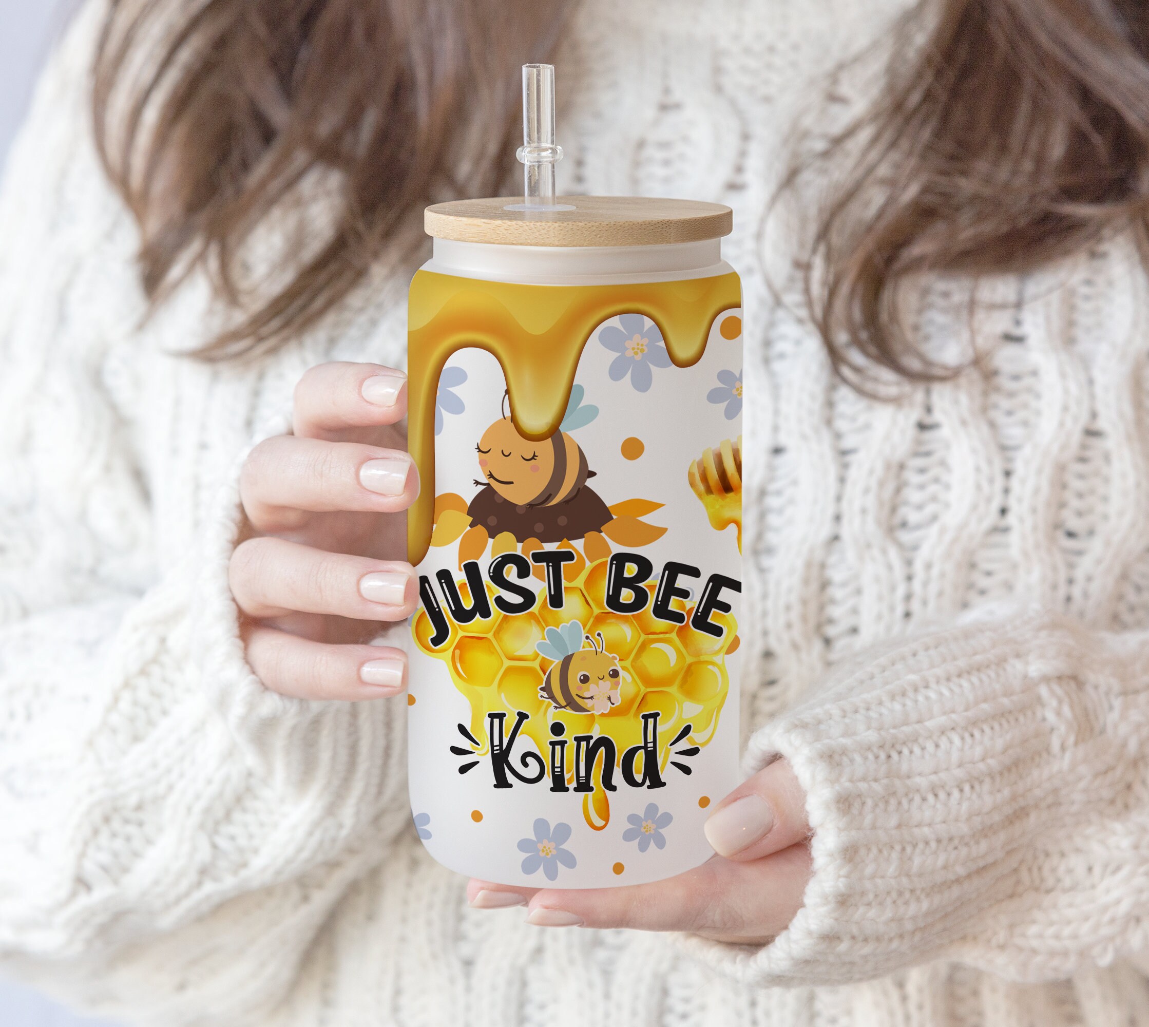 16 oz Libbey Glass Can Just Bee Kind  Honey Bee Print Sublimation  png file Sunflower Gift for mom , Mother’s Day , PNG Digital Download