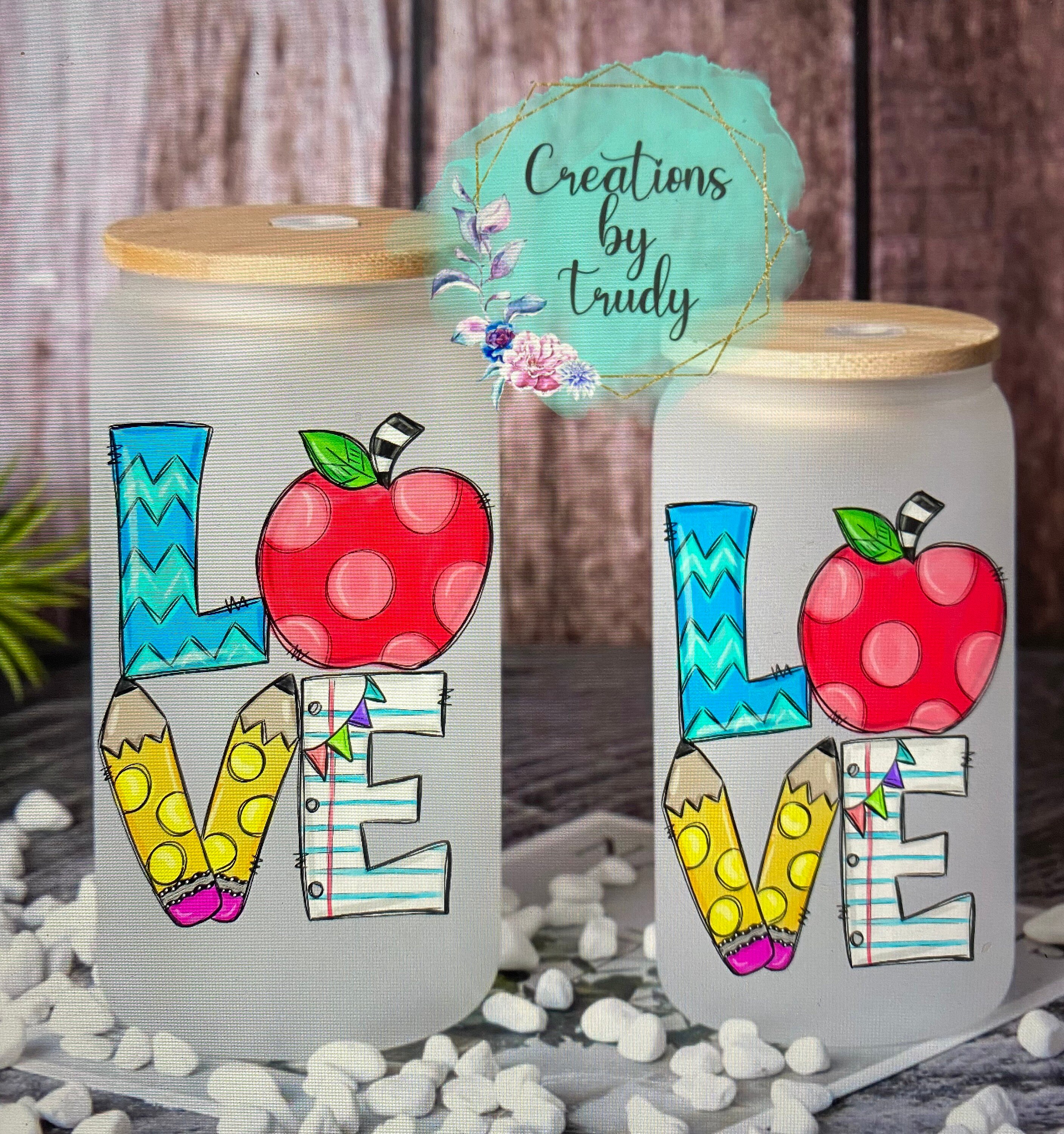 Teacher love- frosted can shaped glass with lid and straw