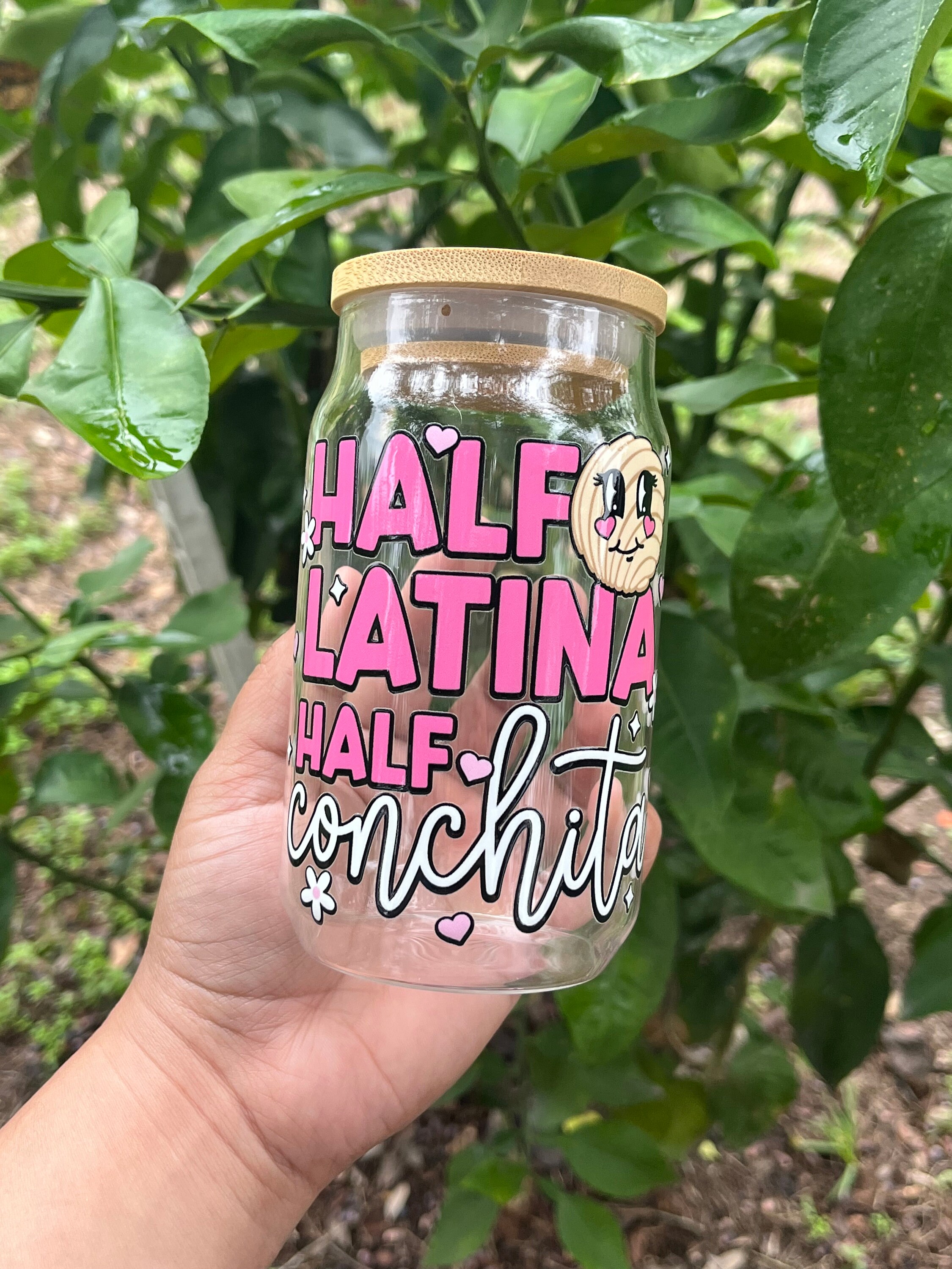 Half Latina, Half Conchita glass beer can cup 16oz, Latin saying, funny, pan dulce, concha, Spanish glass