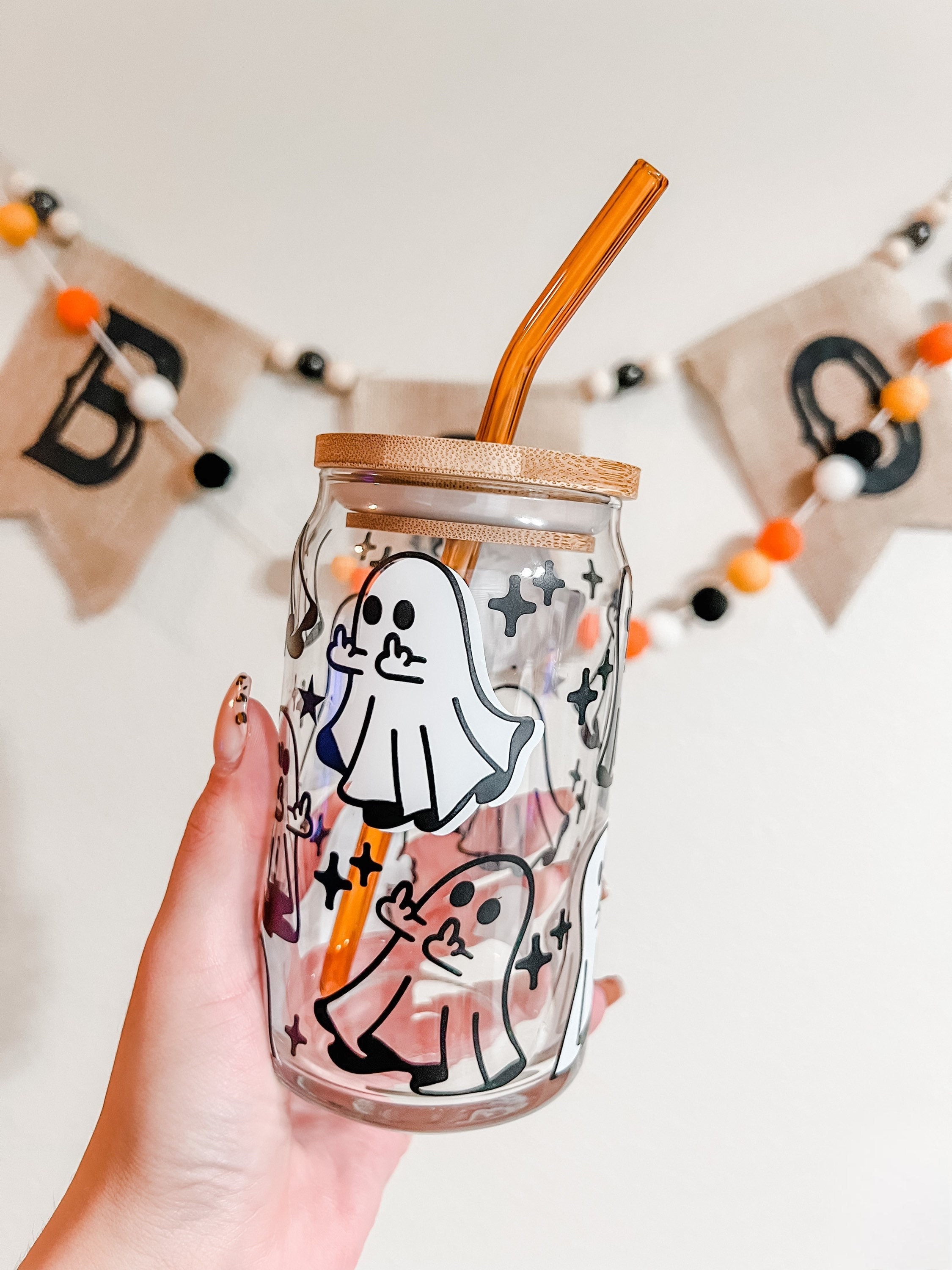 Middle Finger Ghost Beer Can Glass | Ghost Cup | Halloween Iced Coffee Glass | Glass Iced Coffee Cup Lid and Straw | Spooky Cup