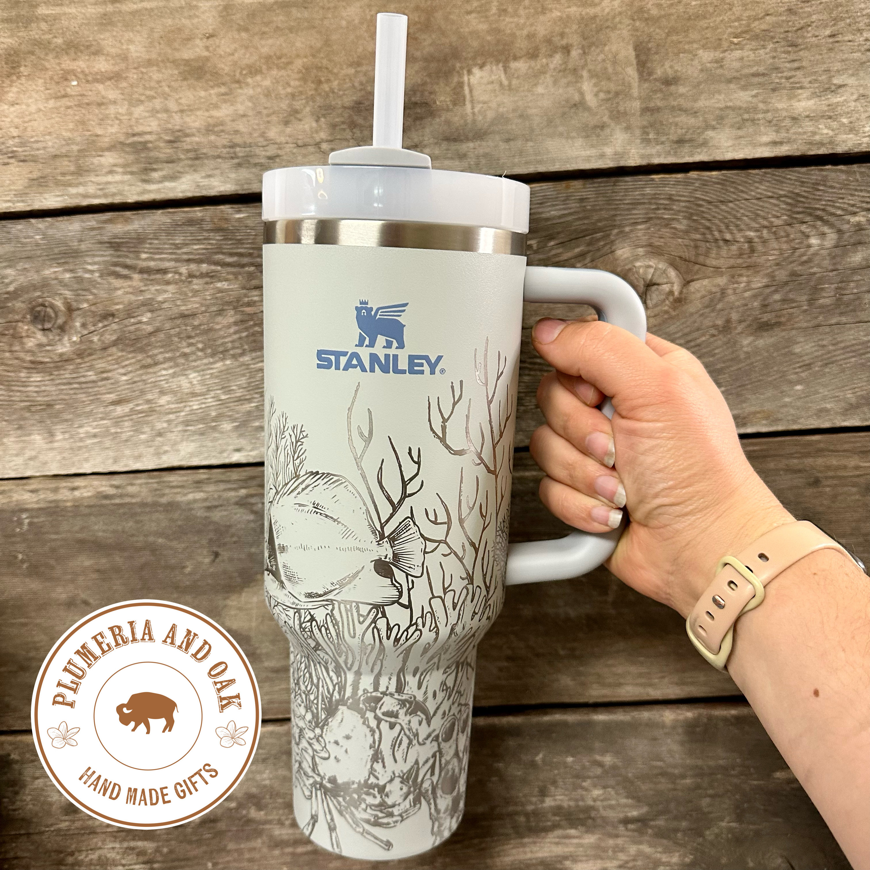 Ocean Tumbler, Engraved tumbler with handle, ocean lover, aquarist, sea life gift, beach vacation cup, jellyfish, oceanscape, coral reef