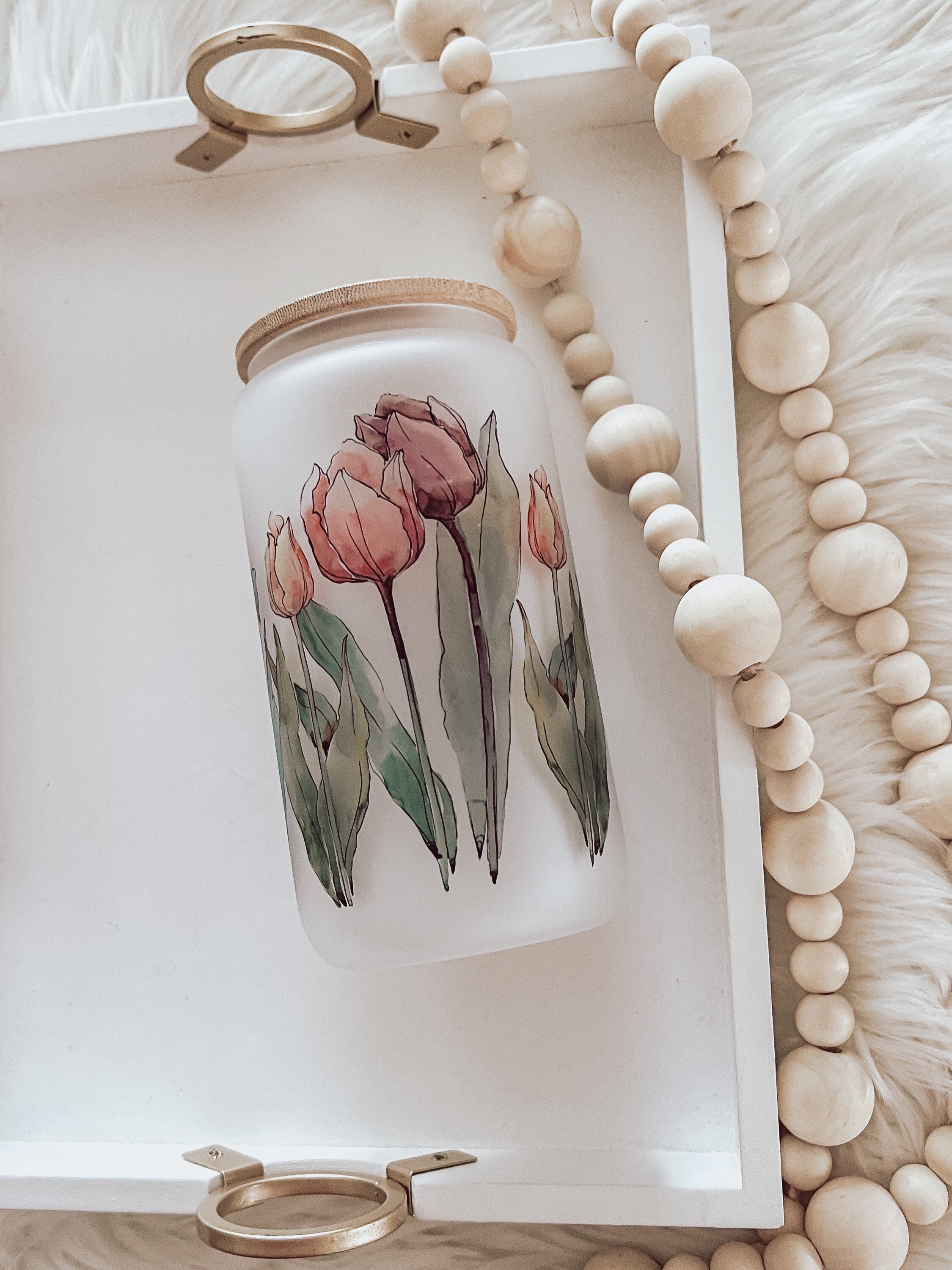 Spring Floral Cup, Watercolor Tulips, Spring Flowers, Iced Coffee Cup, Aesthetic Coffee Cup, Glass Can Cup, Smoothie Cup, Bamboo Lid & Straw