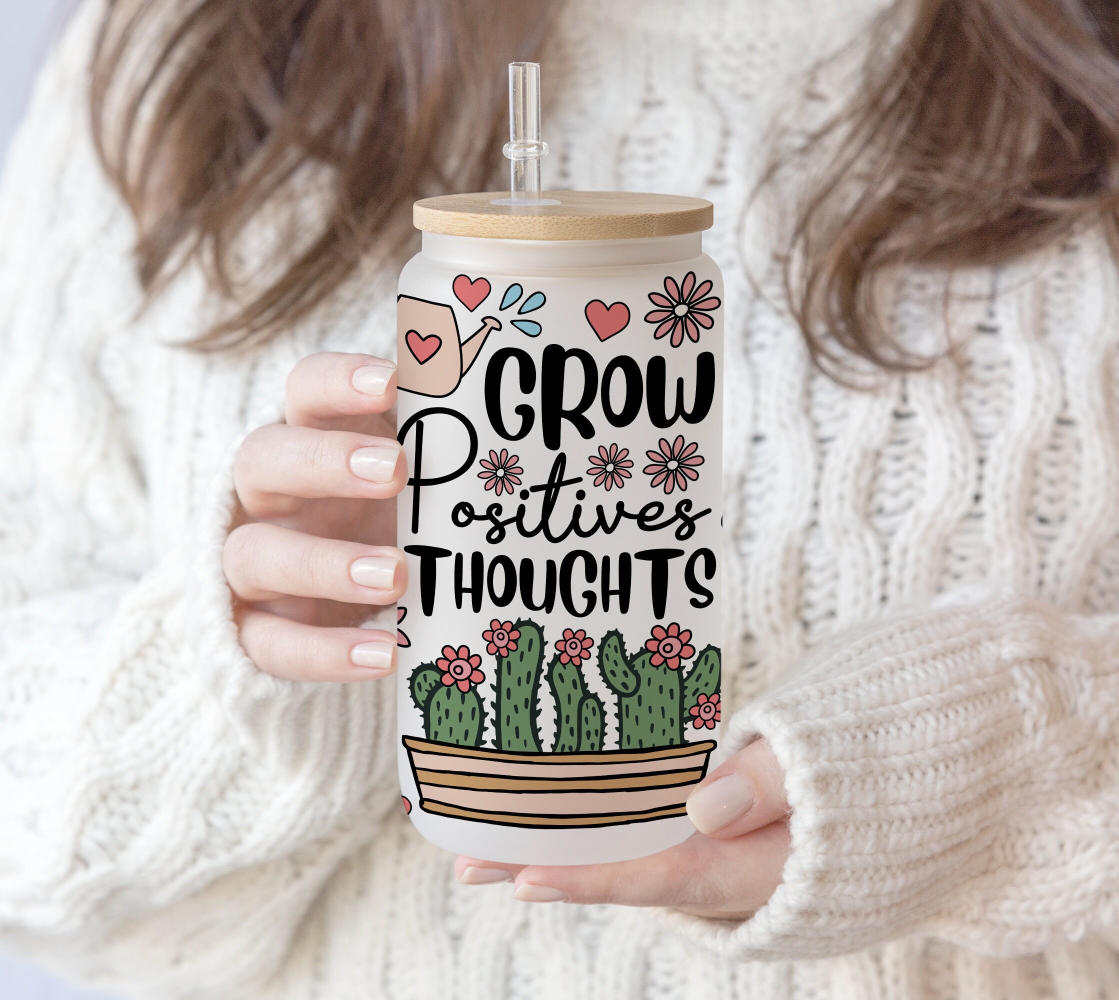 16 oz Libbey Beer Glass Can Inspiration Quote of life | Plants Lover | Cactus Pattern Good Words Self Lover Affirmations Png  Download