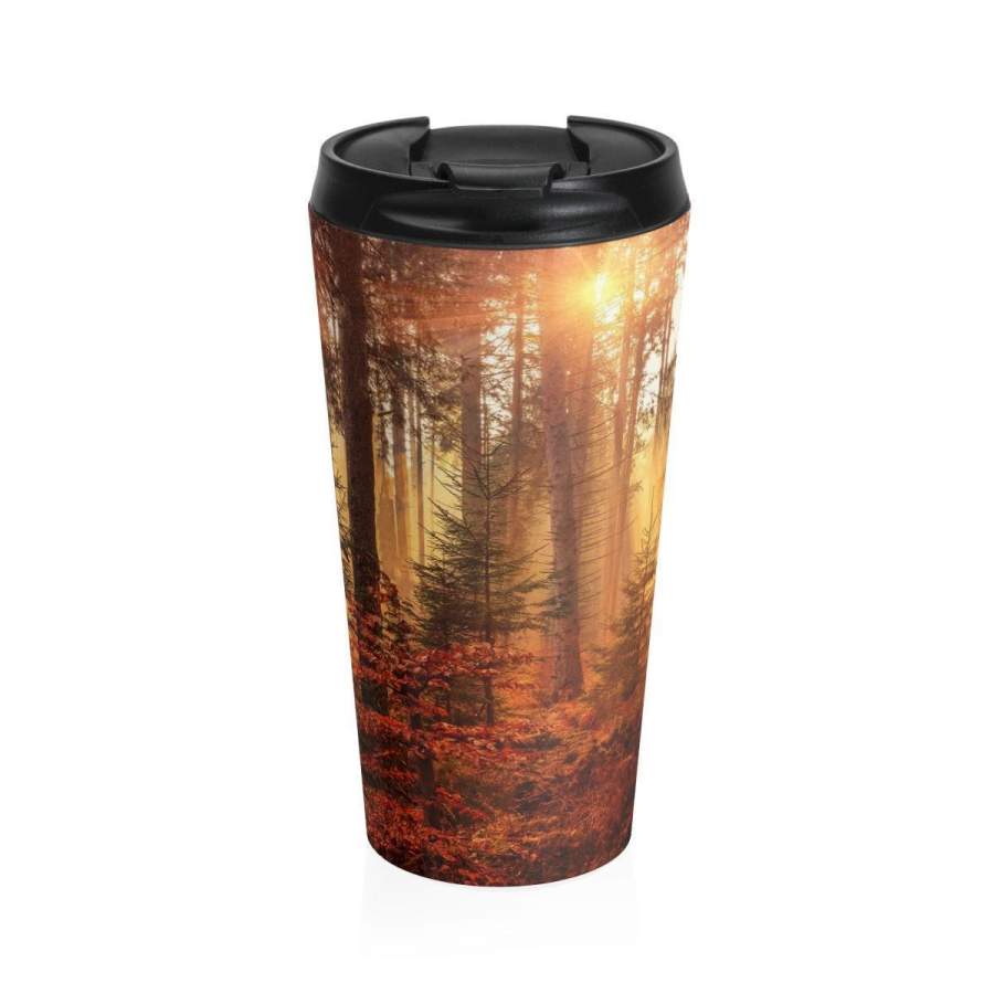 Stainless Steel Travel Mug, Boho Bohemian Hippie Travel Mug, Autumn Tree Sunset All Over Print Steel Mug, 15 Ounce Tumbler, 15oz Travel Mug