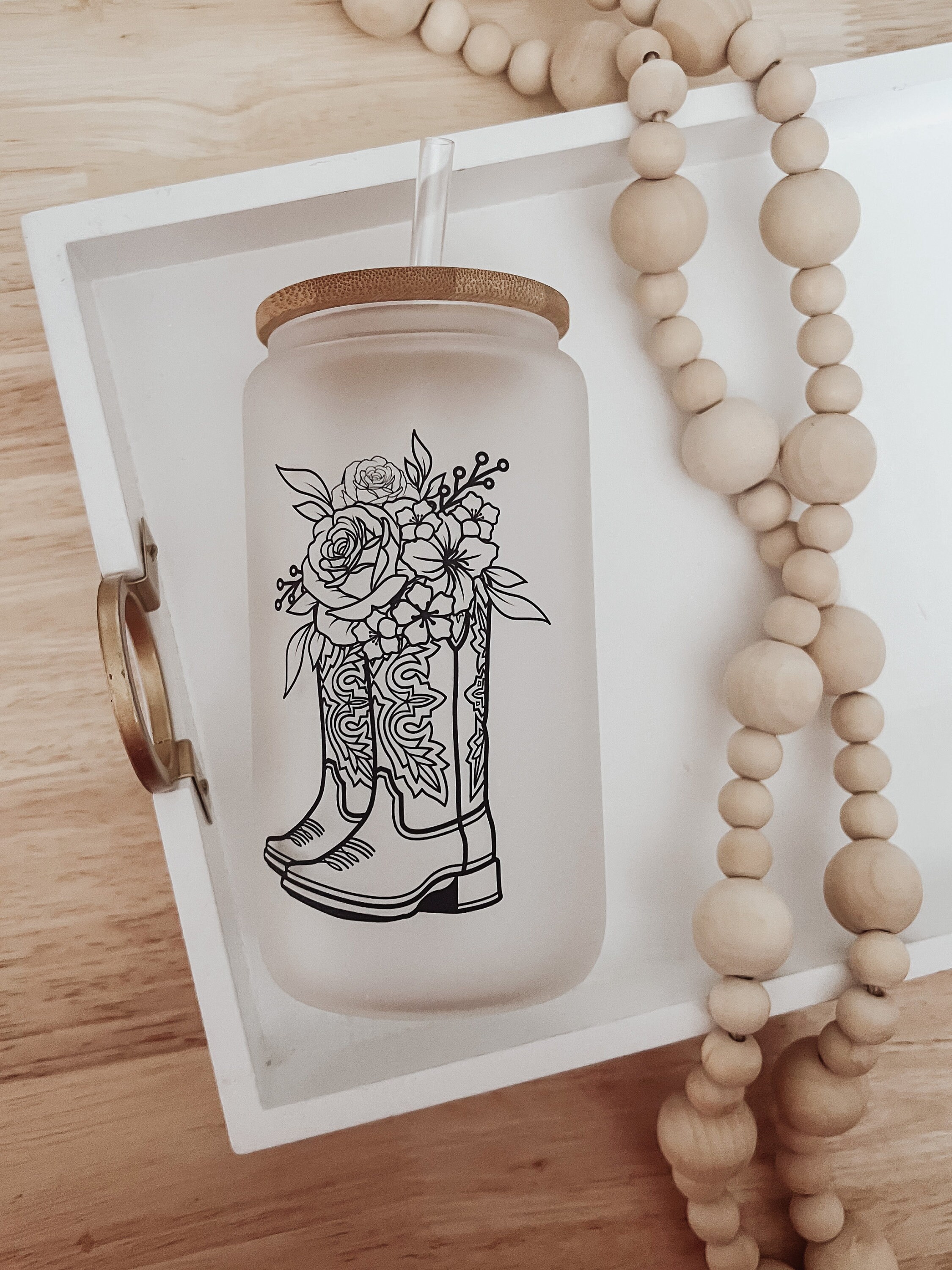 Boot with Flowers, Cowboy Boots, Soda Can, Iced Coffee Cup, Aesthetic Coffee Cup, Glass Can Cup, Smoothie Cup, Bamboo Lid & Straw