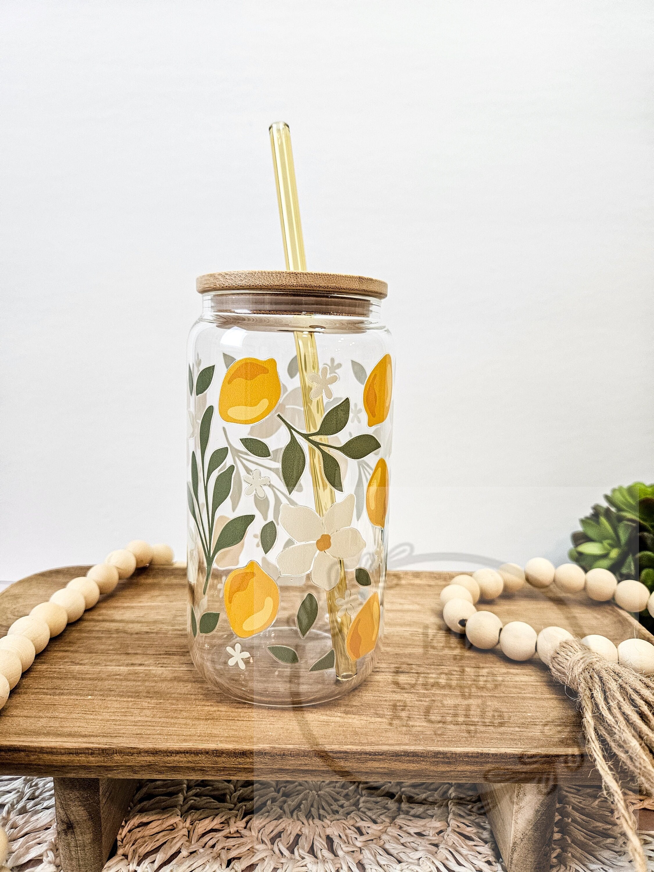 Floral Lemon Iced Coffee Glass, Fruit Design Cups, Lemonade Glass, 16 oz Beer Can Glass, Boho Flower, Cute Aesthetic Glassware, Gift for Her