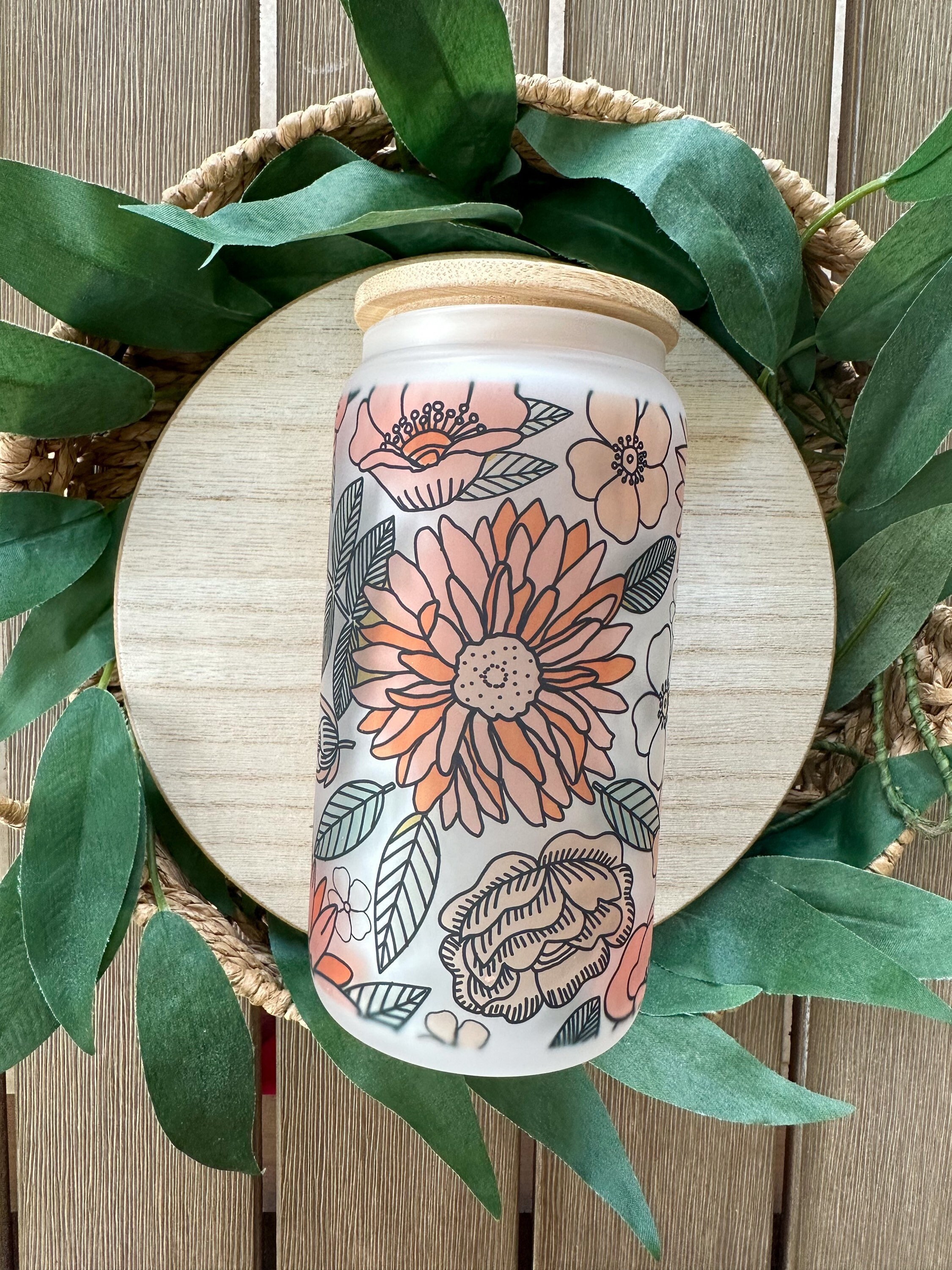 Orange Floral Beer Can Glass, Orange Floral Glass Cup, Floral Coffee Glass, Smoothie Glass, Flower Iced Coffee Glass, Flower Glass Cup