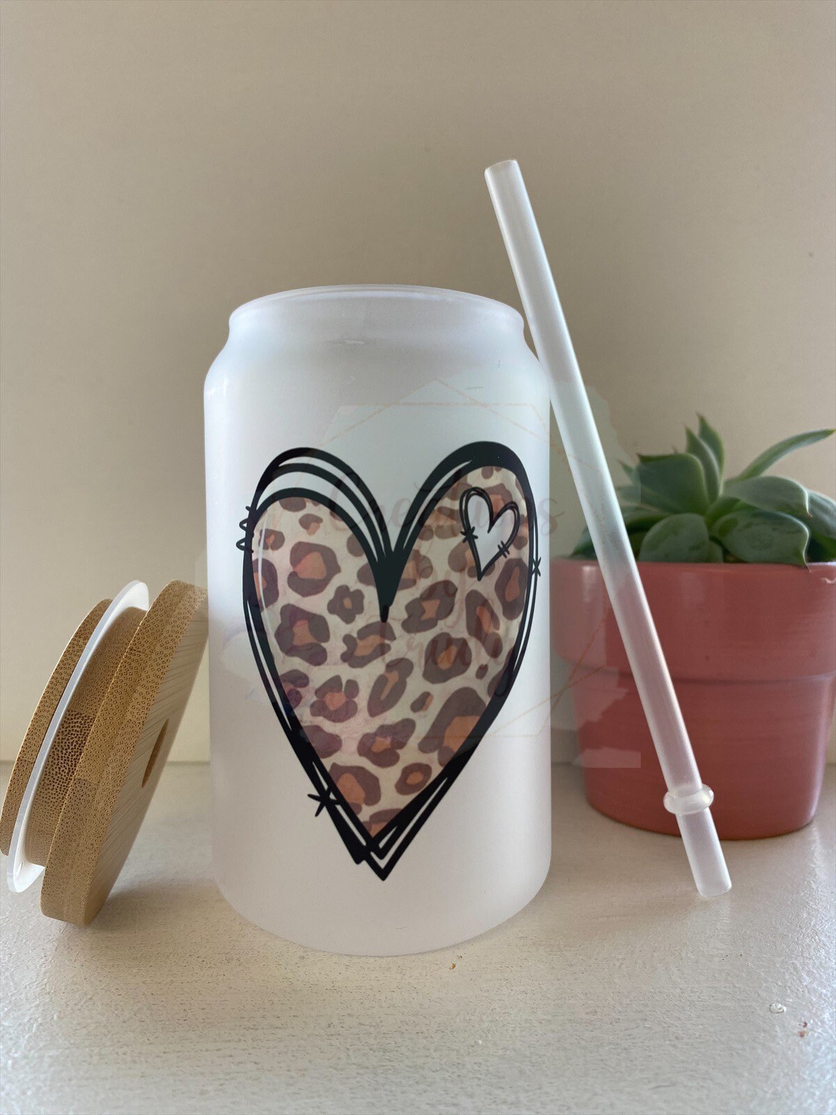 Cheetah print heart- frosted can shaped glass with lid and straw