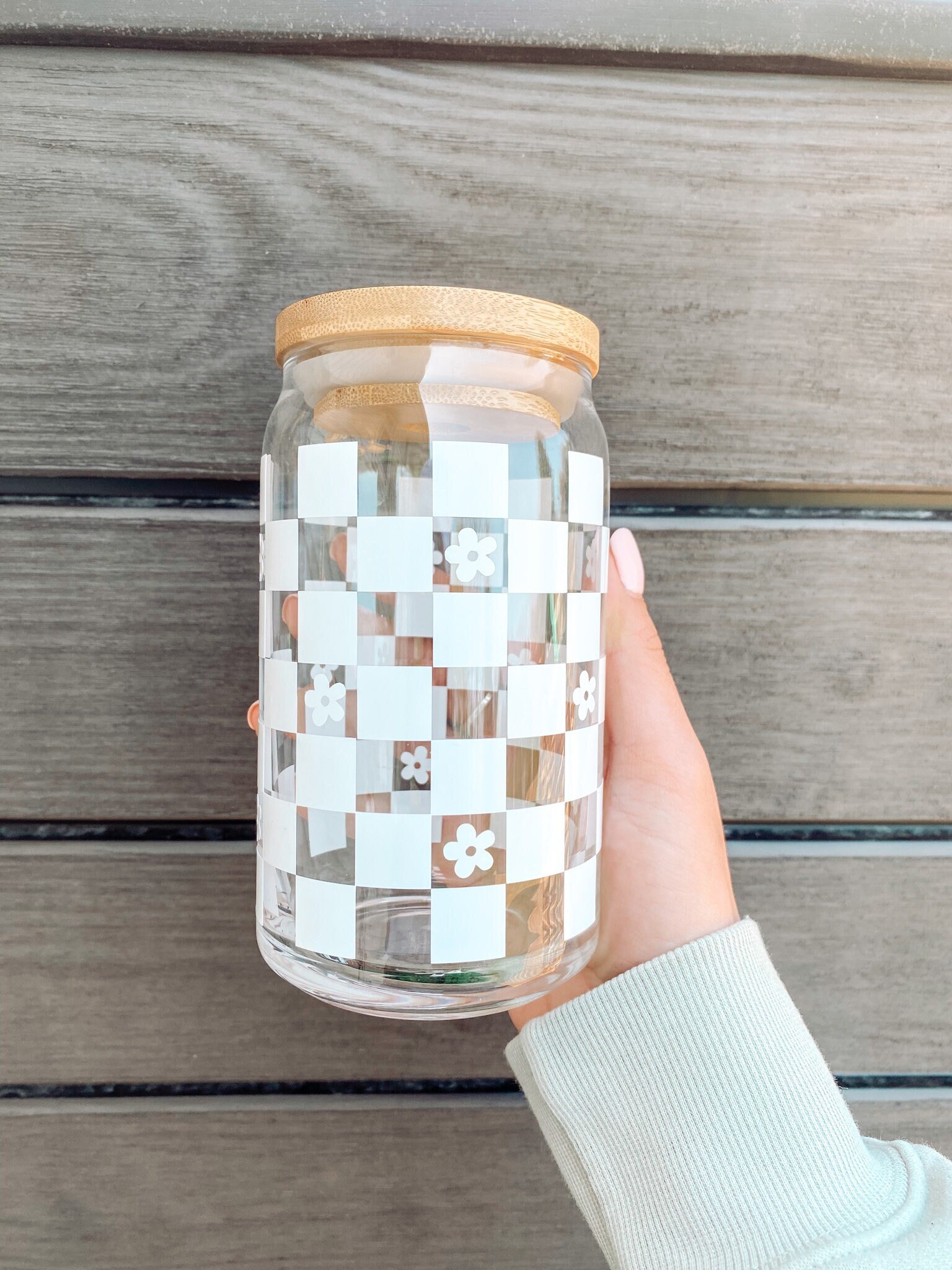 Retro Checkered Glass Cup, Iced Coffee Glass Cup, Retro Flowers Glass Cup, Trendy Glass Cup