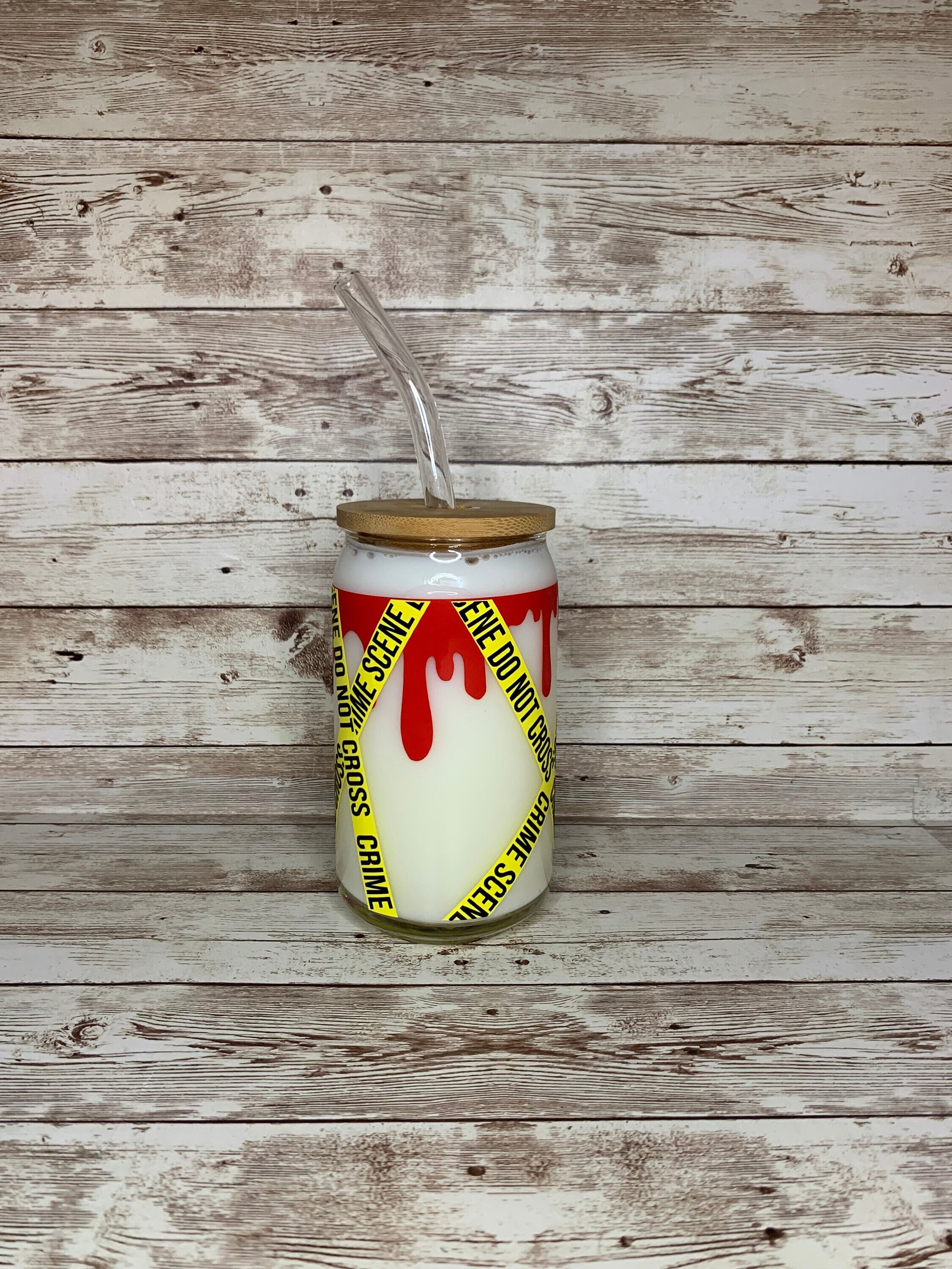 True Crime Beer Can Glass / Caution Tape Bloody Cup / Iced Coffee Cup / True Crime Fan Gift Idea / Gift for her / Crime Scene Tape Design