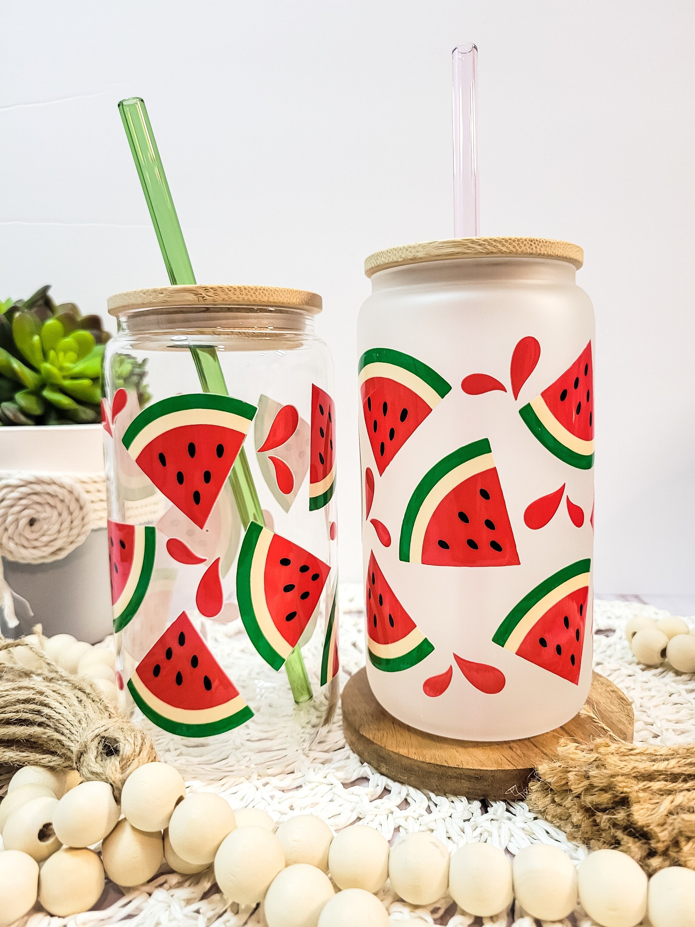 Watermelon Glass Can, Summer Fruit Glass, Melon Glass Can Cup, Sweet Summertime, 16 oz Libbey Beer Can Glass, Trendy Glass Cup, Summer Gift