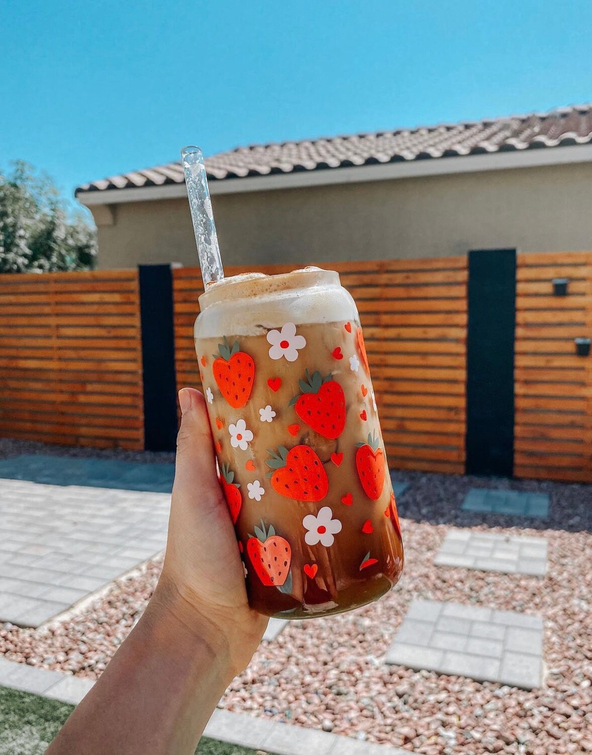 Strawberry glass can cup | smoothie cup | gifts for her | strawberry and flowers glass can cup | cute cups | cute gifts