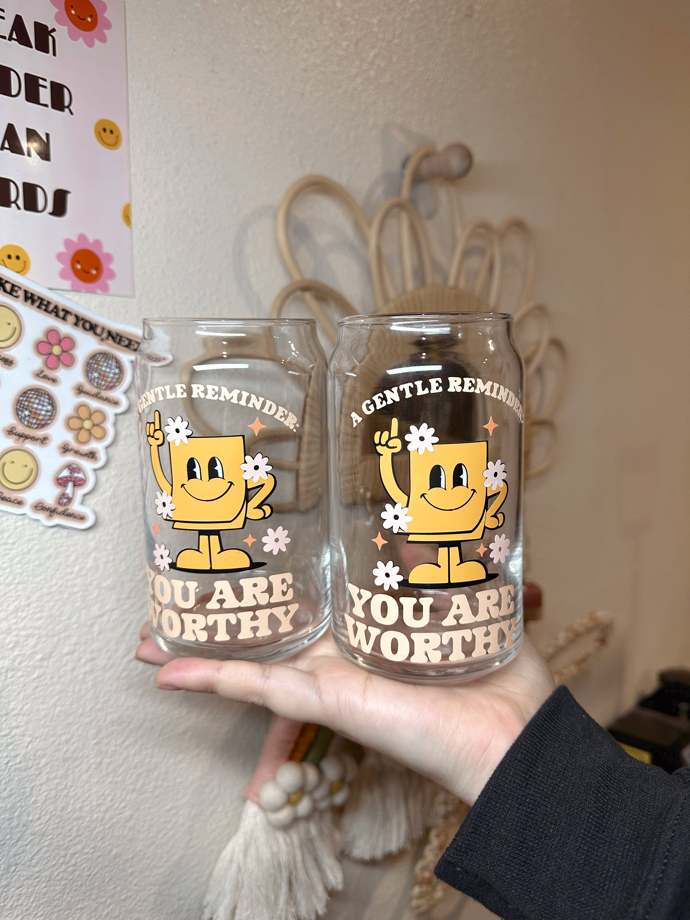 A Gentle Reminder You Are Worthy Glass Cup, Positivity Glass Cup, Happy Face Glass Cup, Mental Health Glass Cup, Retro Character, Trendy Cup