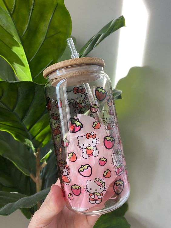 Pink Character Glass Can Cup, Cute Character, Iced Coffee Glass, Gifts for Her, Beer Can Glass