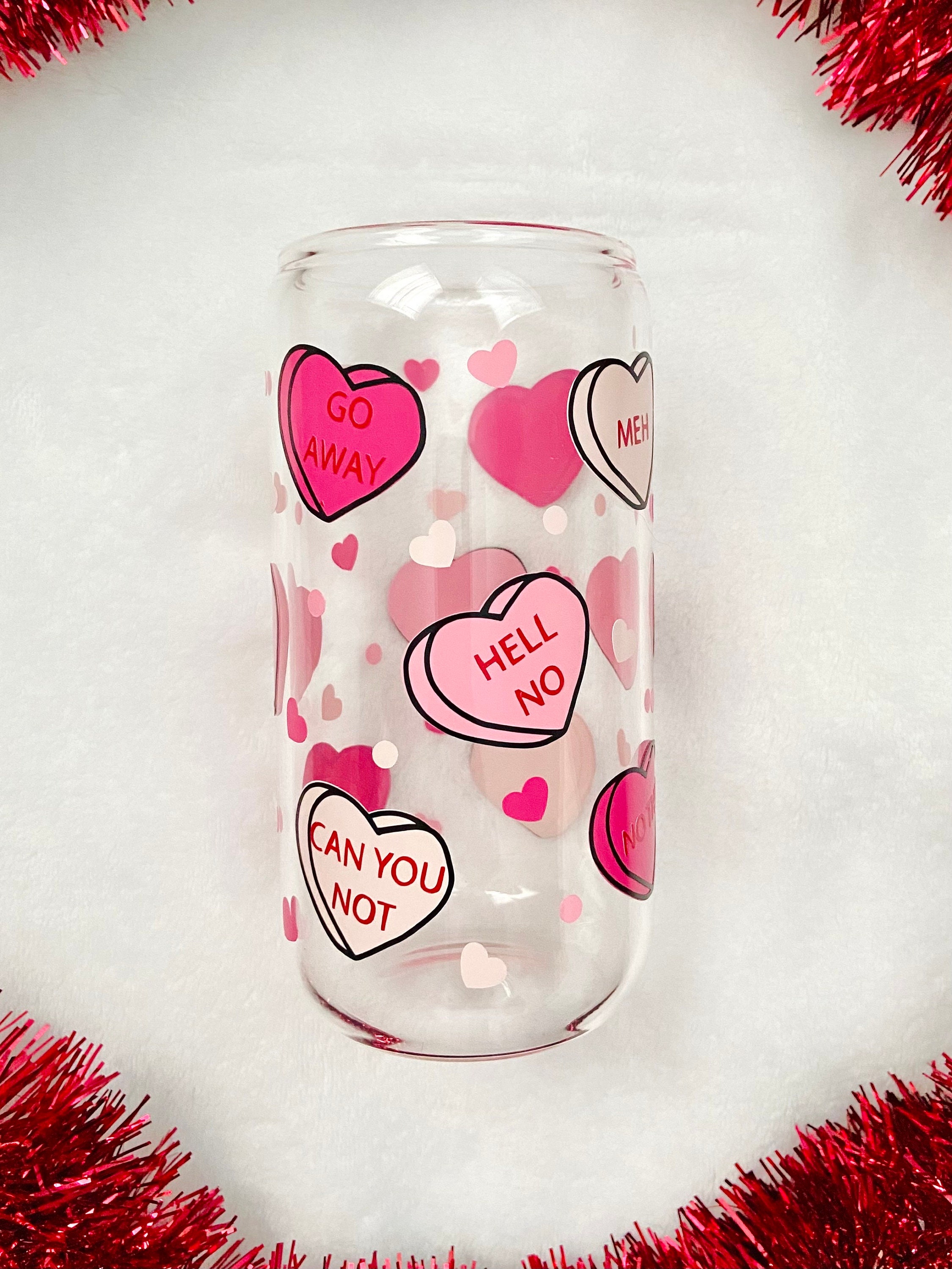 Anti Valentines candy hearts glass cup | 16 oz libbey glass can | Valentines Day gifts | valentines cup | gifts for her | valentines