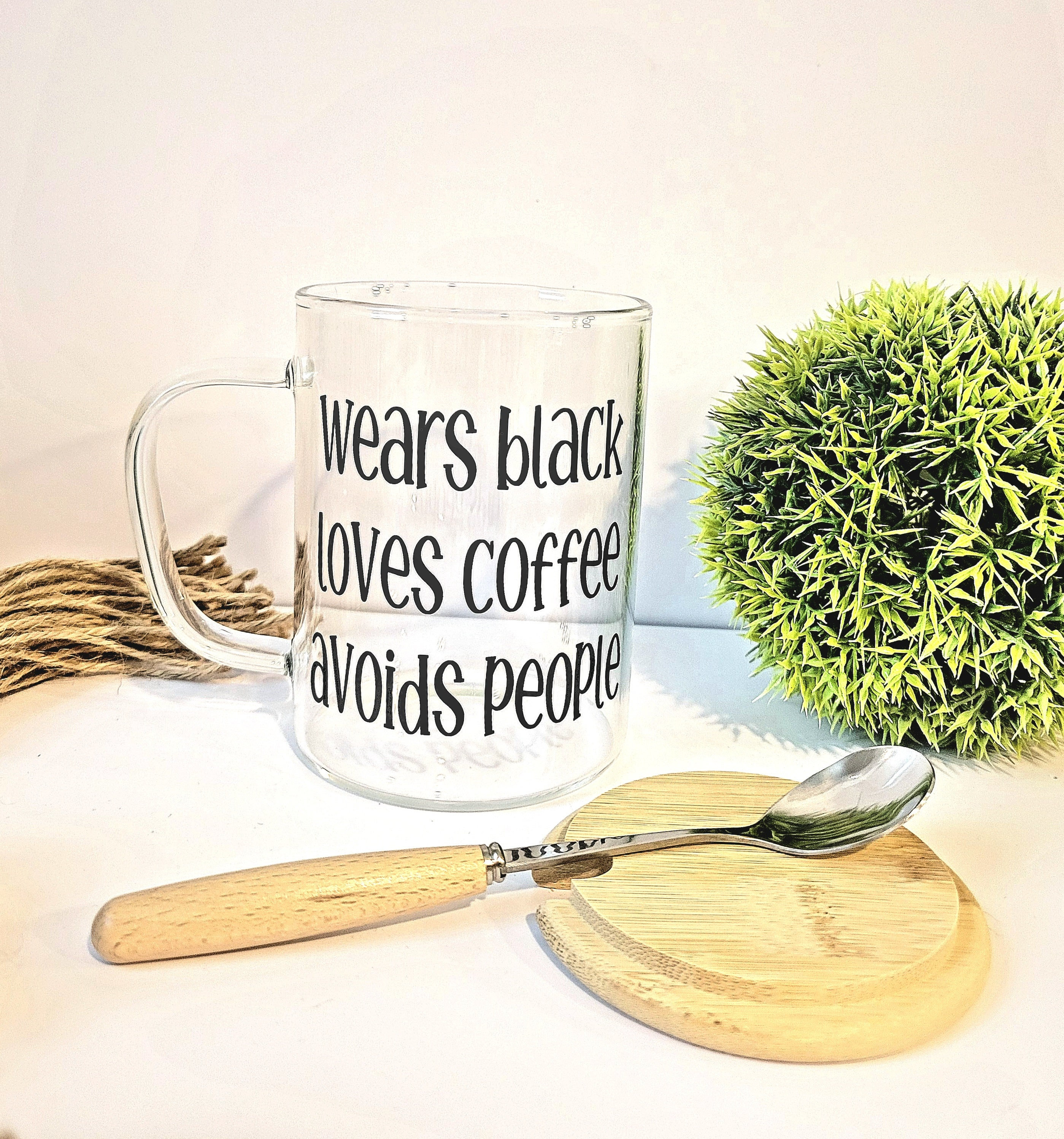 Wears Black Loves Coffee Avoids People Glass Mug, Oversized Glass Cup, Glass Mug With Lid and Spoon, Christmas Gift, Coffee Mug Gift Set