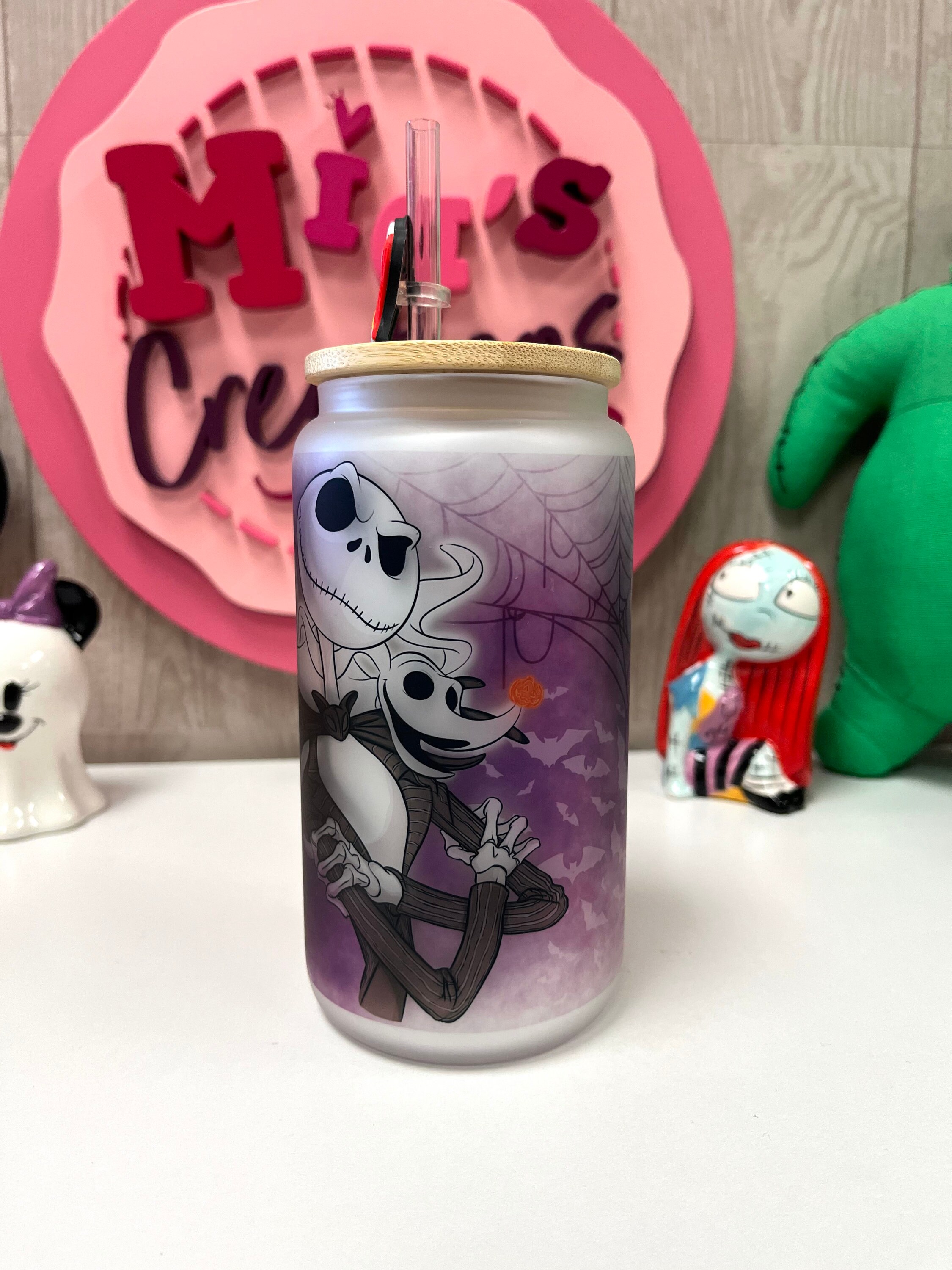 Nightmare before Christmas Frosted glass can, Jack and Sally glass can