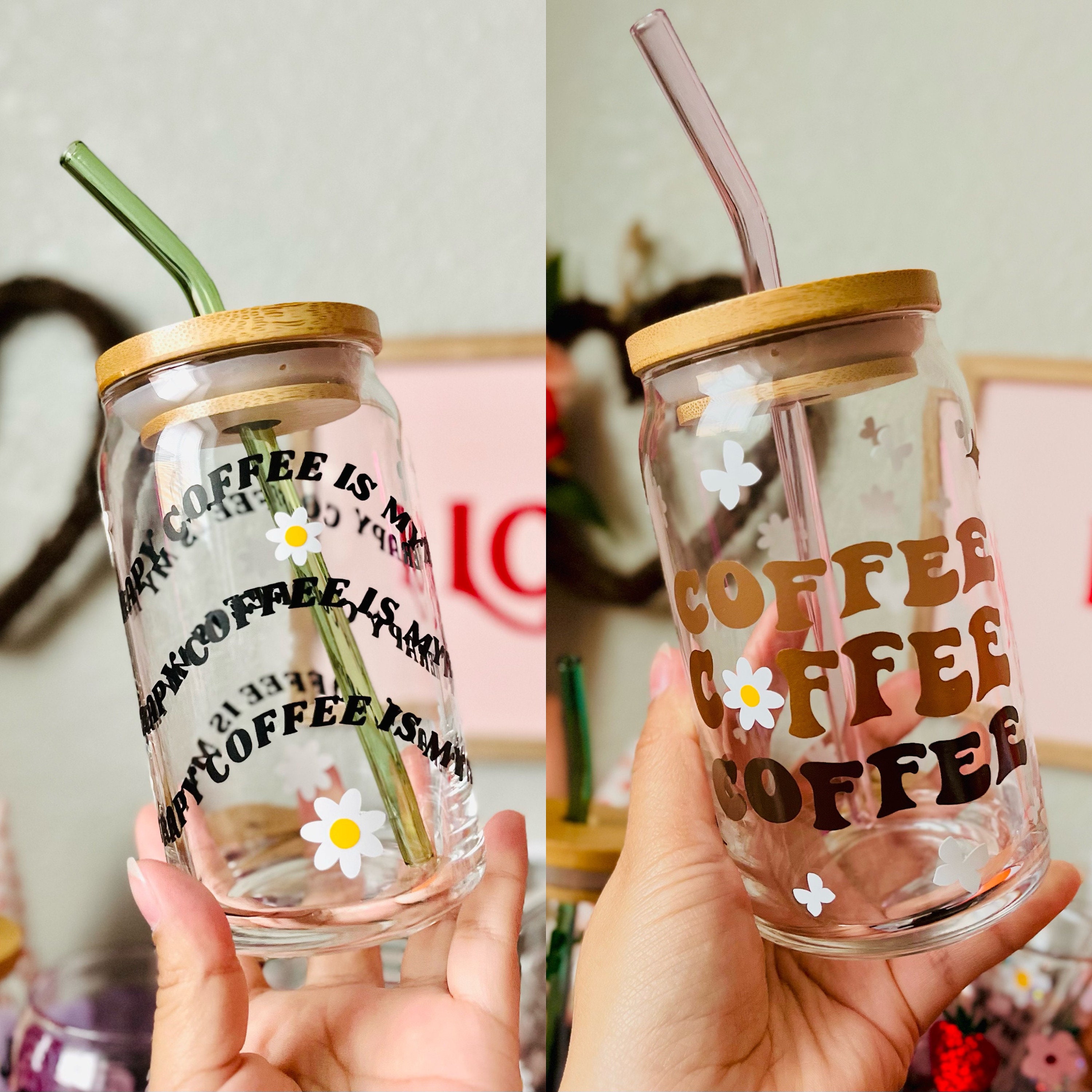 Coffee is My Therapy Floral Daisies 16 oz Beer Can Glass | Valentines Day | Spring Cup | Self Love | Iced Coffee | Smoothie | Boho