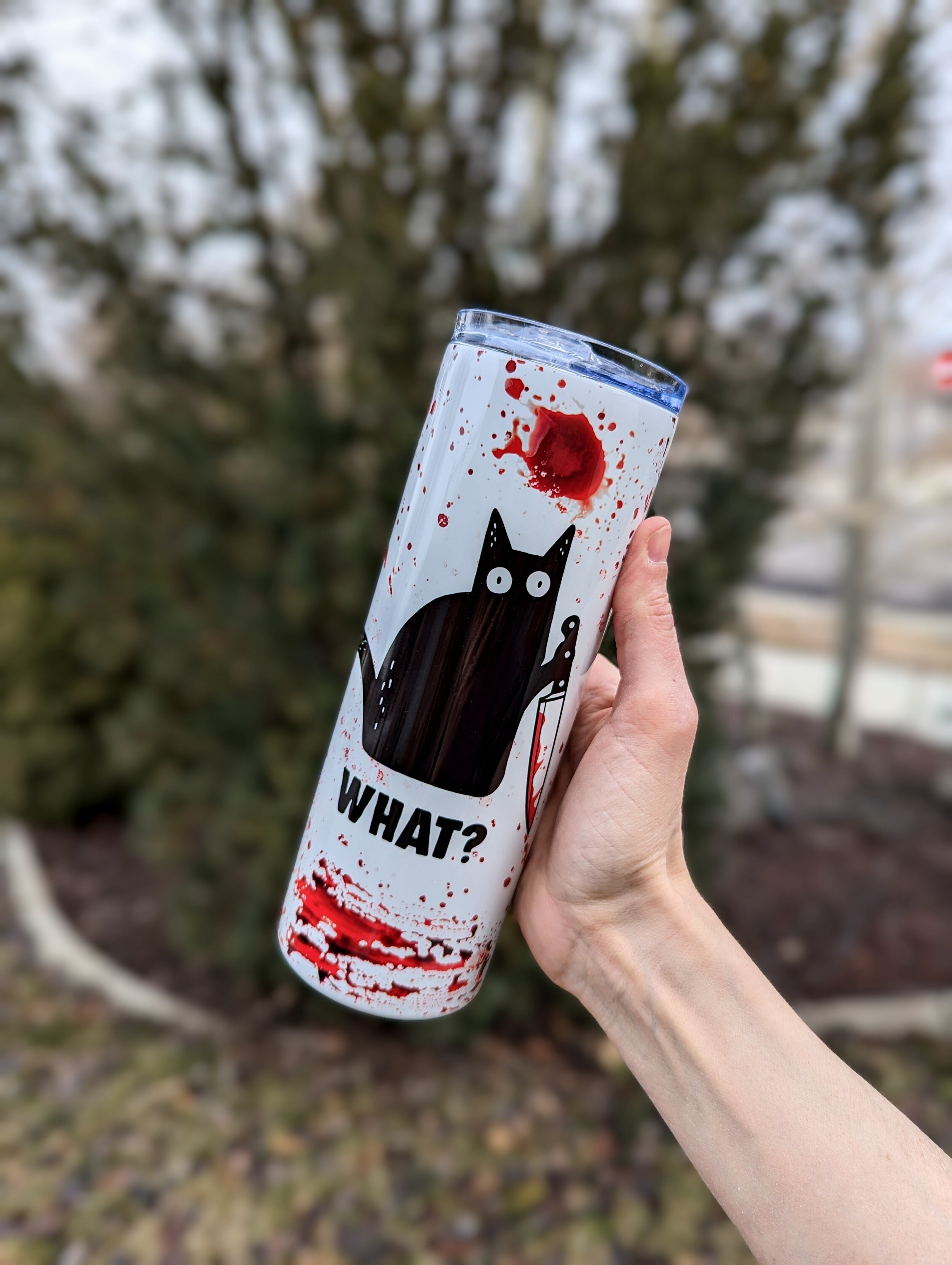 Funny Cat Tumbler | Cat with Bloody Knife | Travel Mug | Halloween Cup | Bloody Tumbler