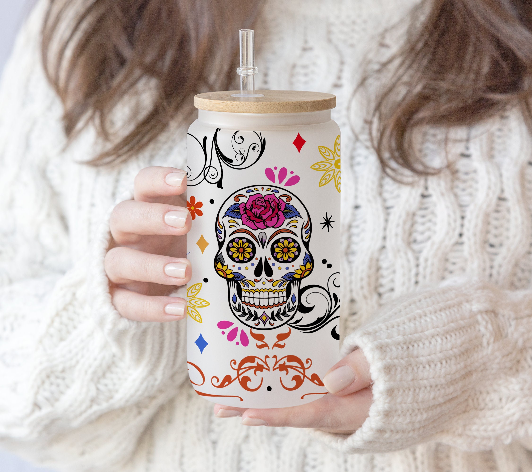 3 Files 16 oz Libbey Glass Can Sublimation Seamless Sugar Skull waterslide digital download full wrap , Skull glass can, Sugar skull png