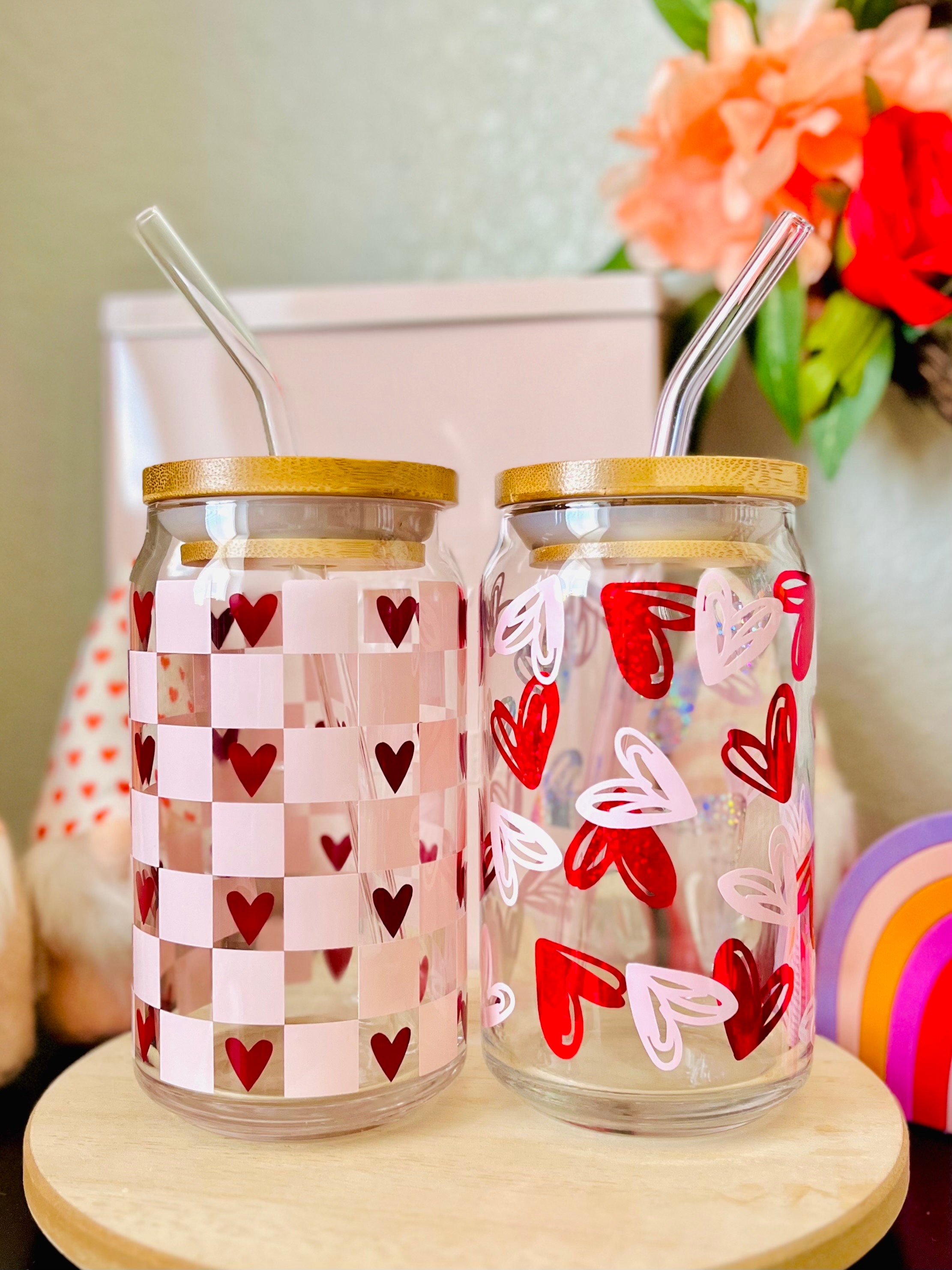 Checkered Hearts 16 oz Beer Can Glass | Valentines Day Hearts | Love | Xoxo Soda Can Glass | Iced Coffee | Smoothie Glass | Vday