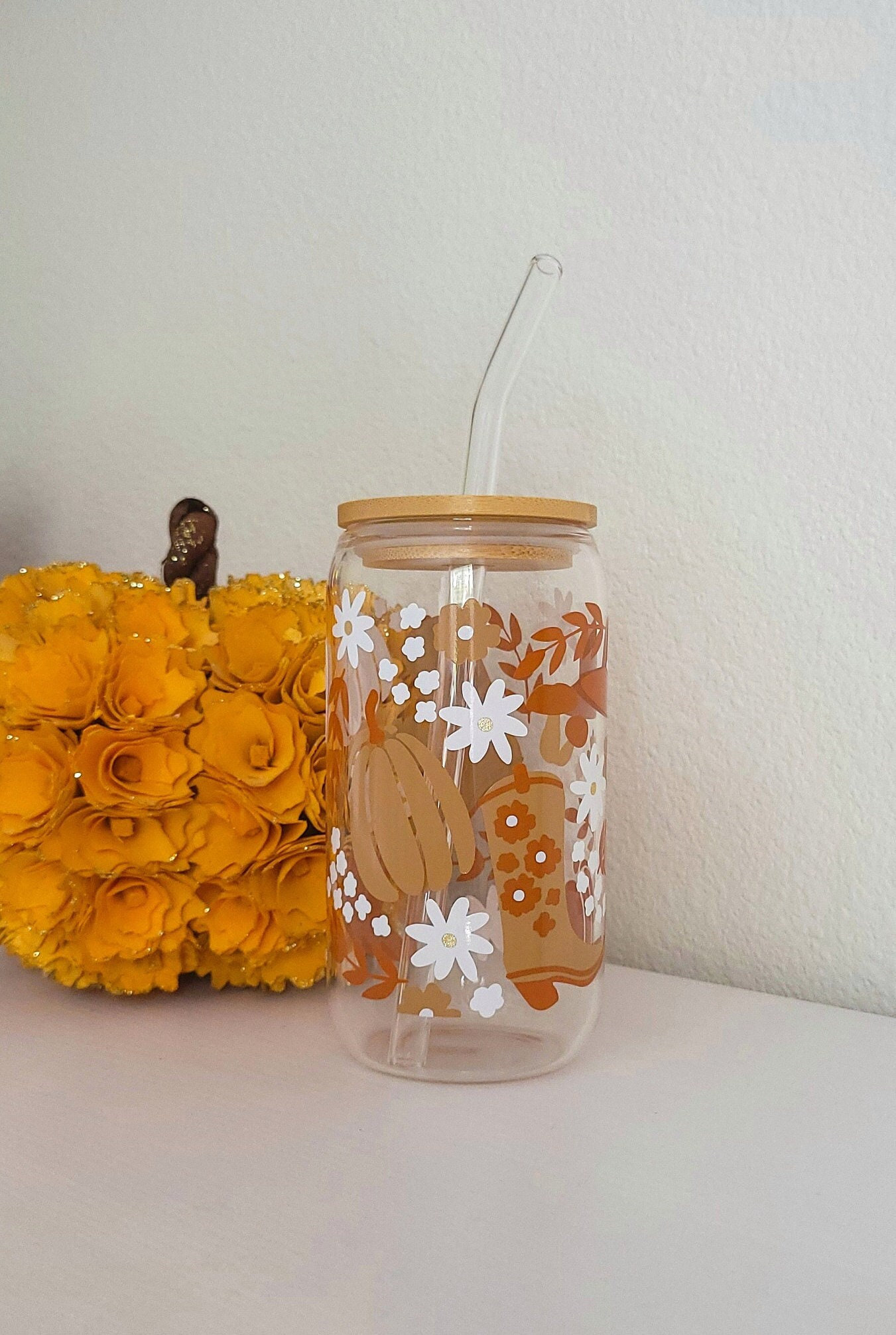 Boho Fall Iced Coffee Glass Cup Fall Aesthetic Can Glass Boho Glass Tumbler Fall Gift For Coffee Lover Gift For Her Boho Fall Pumpkins