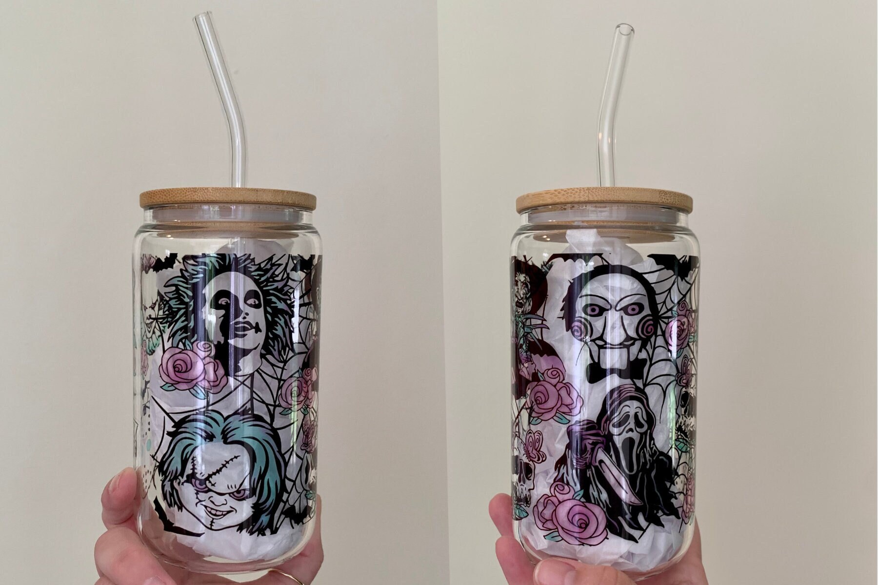 Scary Movie Horror Film Cup / Beer Can Glass / Horror Movie Tumbler / Scary Movie Fan Gift / Halloween Movies / Floral Scary Characters