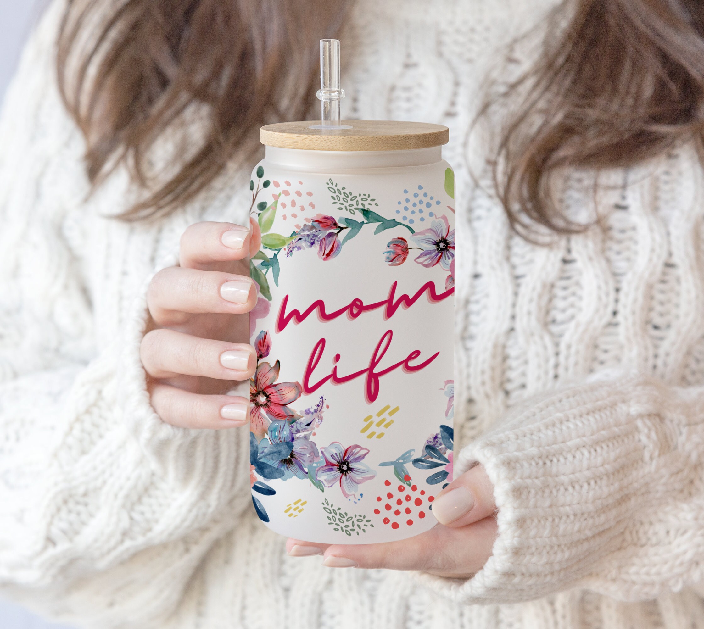 16 oz Libbey Glass Can Tumbler Mom life Flower , Mum life floral Sublimation Design Love Mom Tumbler Wrap, Waterslide glass can 16 oz