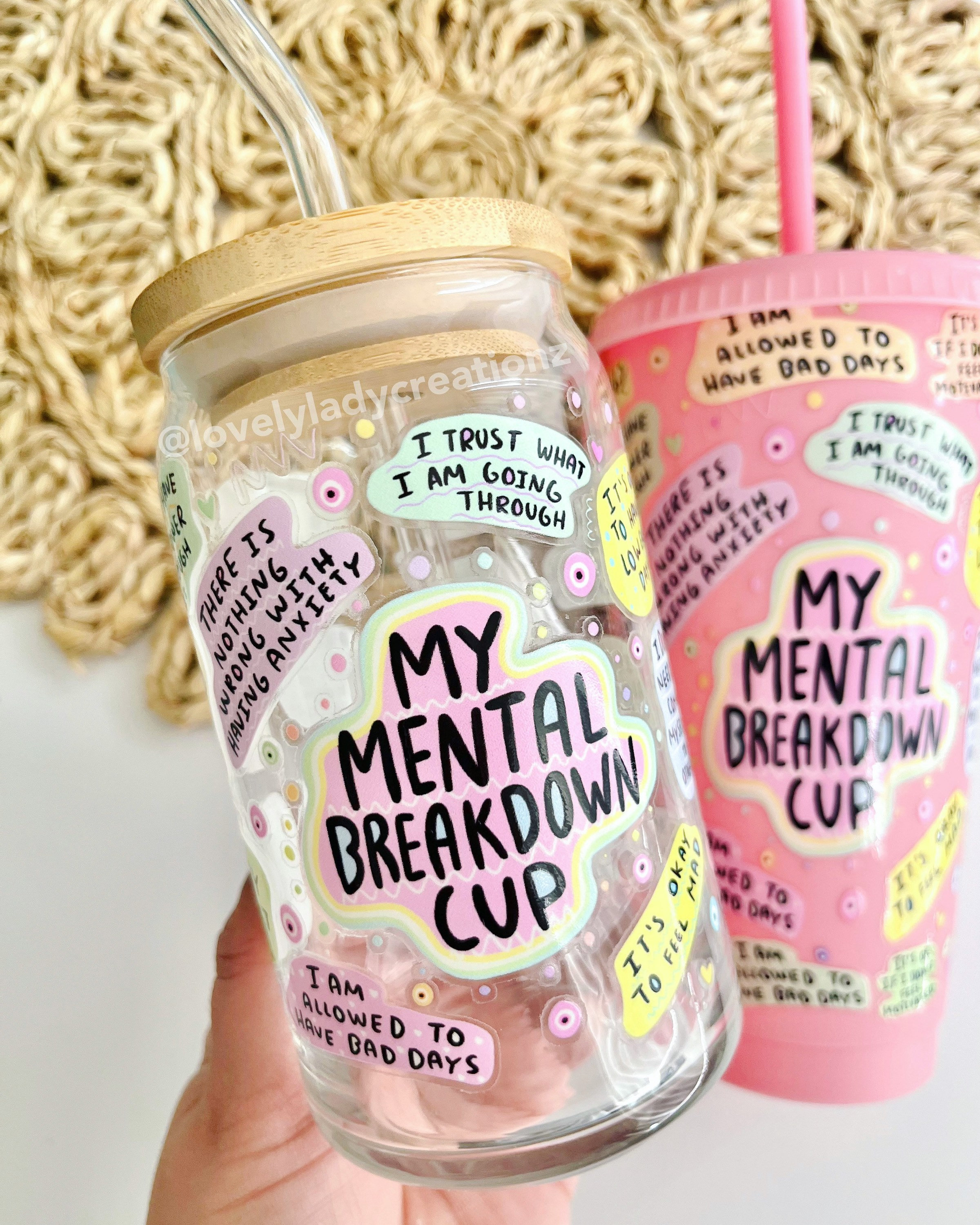 My Mental Breakdown Glass Cup / Affirmations Cup / Flowers Glass Cup / Cute Glass Cup / Gifts for Her / Self Care Cup