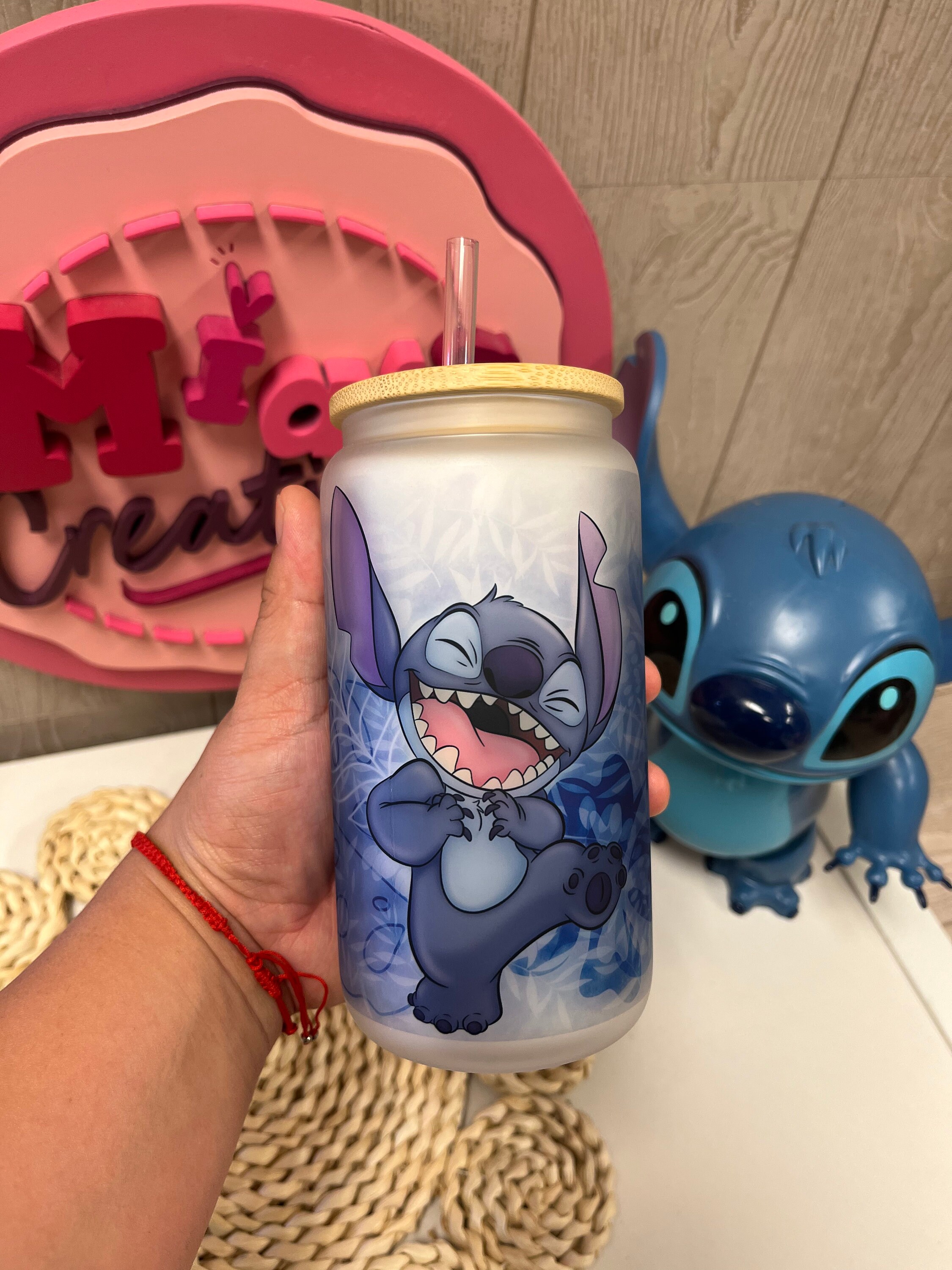 Stitch laughing frosted glass can, Stitch frosted glass can