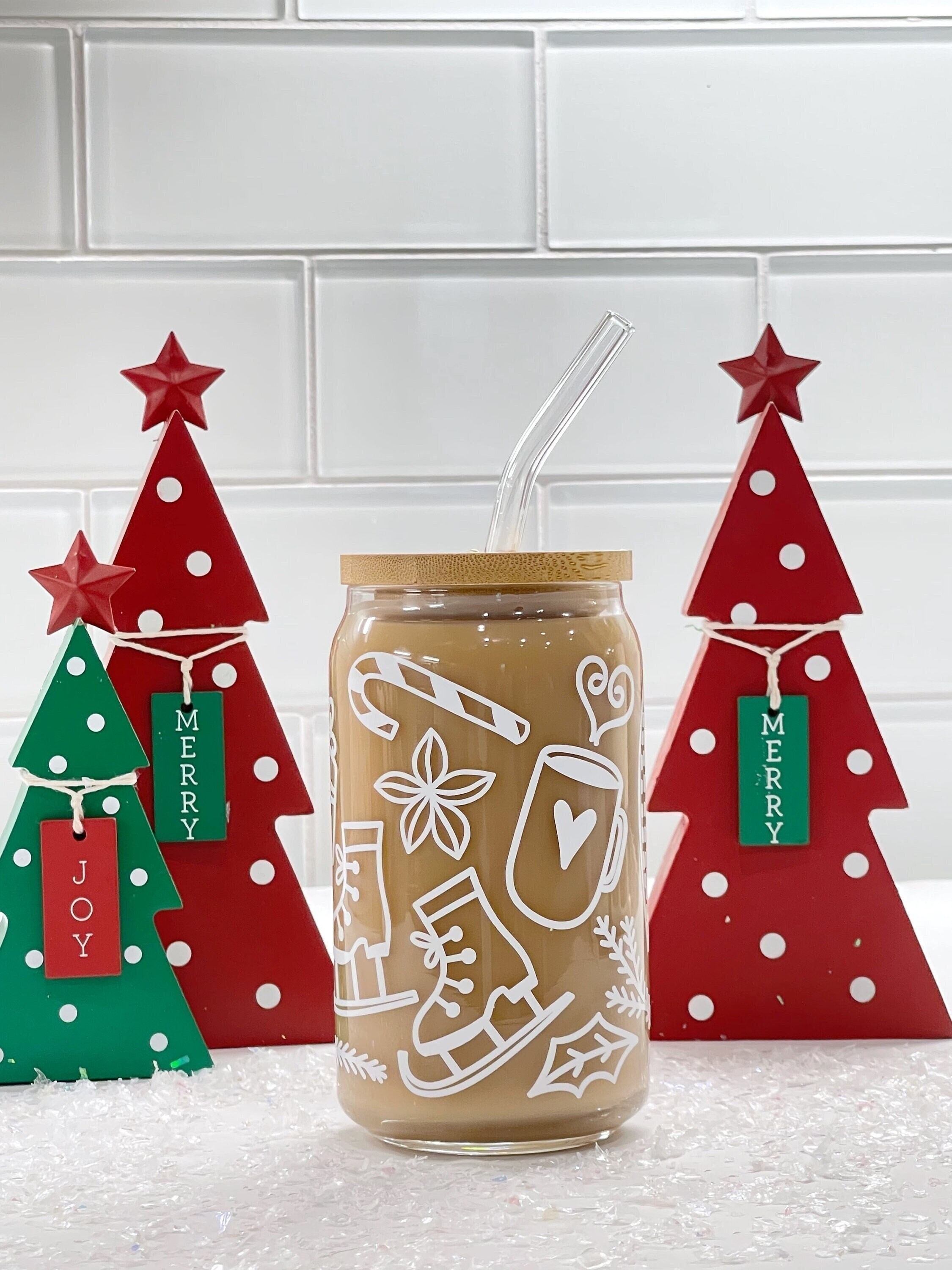 Christmas Iced Coffee Glass Can | Glassware for Christmas | Minimalist Cup | Holiday Mug | Christmas Gifts | Holiday Glass Cup