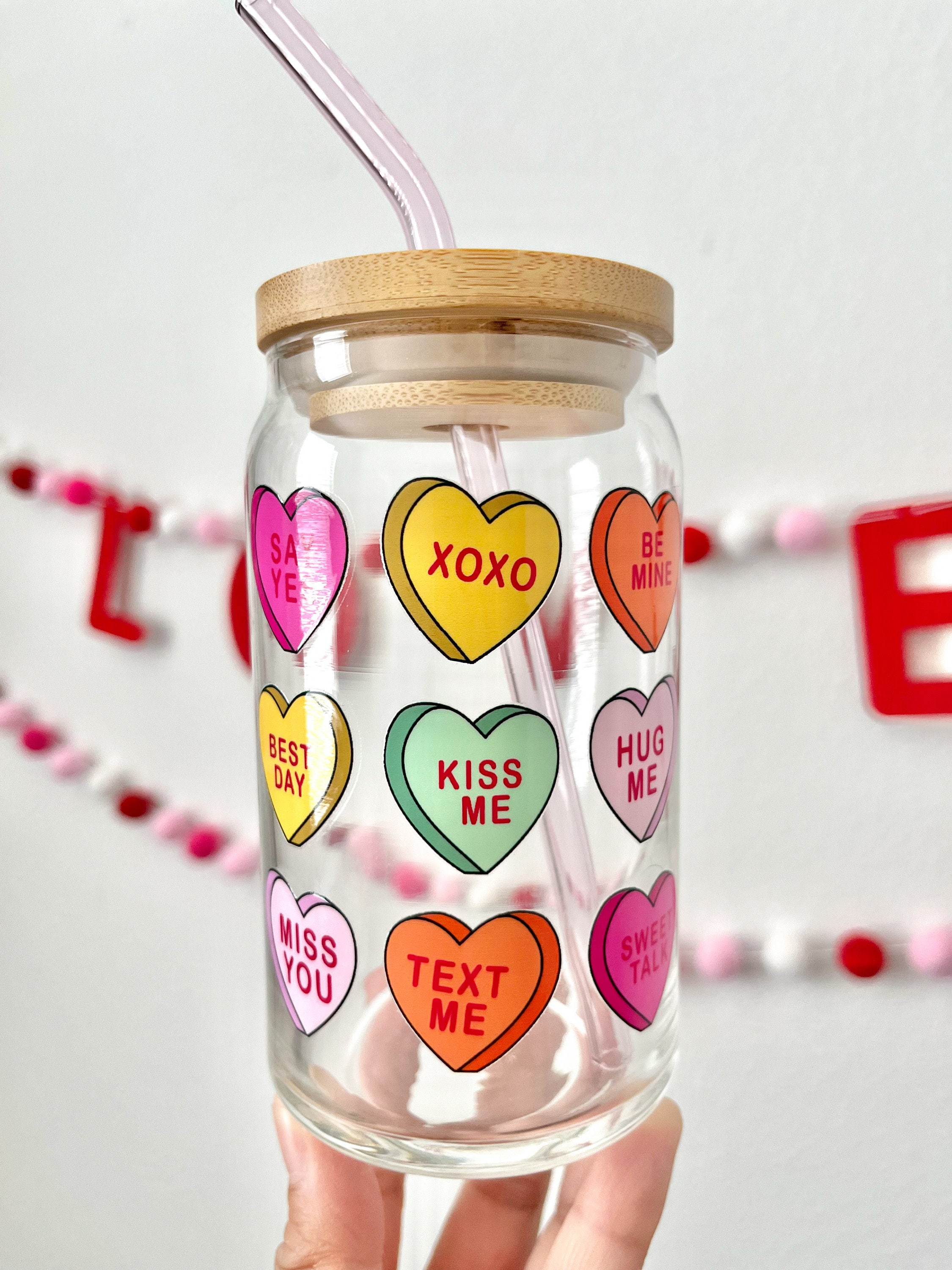 Candy Hearts Glass Cup / Valentines Day Glass Cup / Iced Coffee Glass / Cute Coffee Cup / Valentines Gift / Gifts for Her