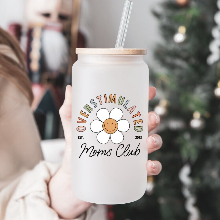 Overstimulated Mom’s Coffee Beer Can Glass | Mom Beer Glass | Mom Gift | Gift for Mom | Iced Coffee Glass | Iced Coffee Cup | Mom’s Club Mug