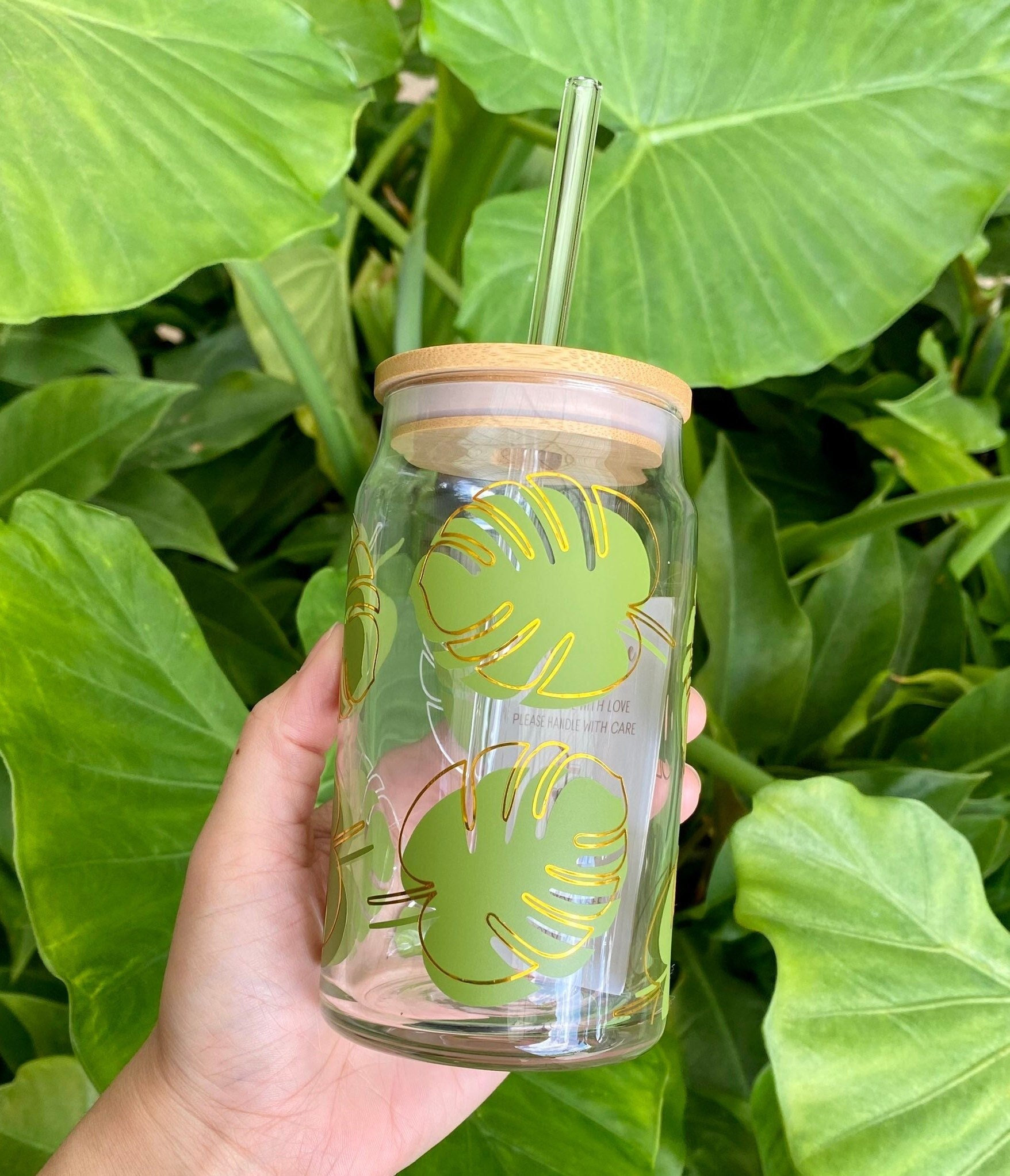 Monstera Leaf Beer Can Glass, Iced Coffee Glass Can, Plant Glass, 16oz Libbey Glass, Bamboo Lid, Custom Glass Can, Plant Lovers Gift