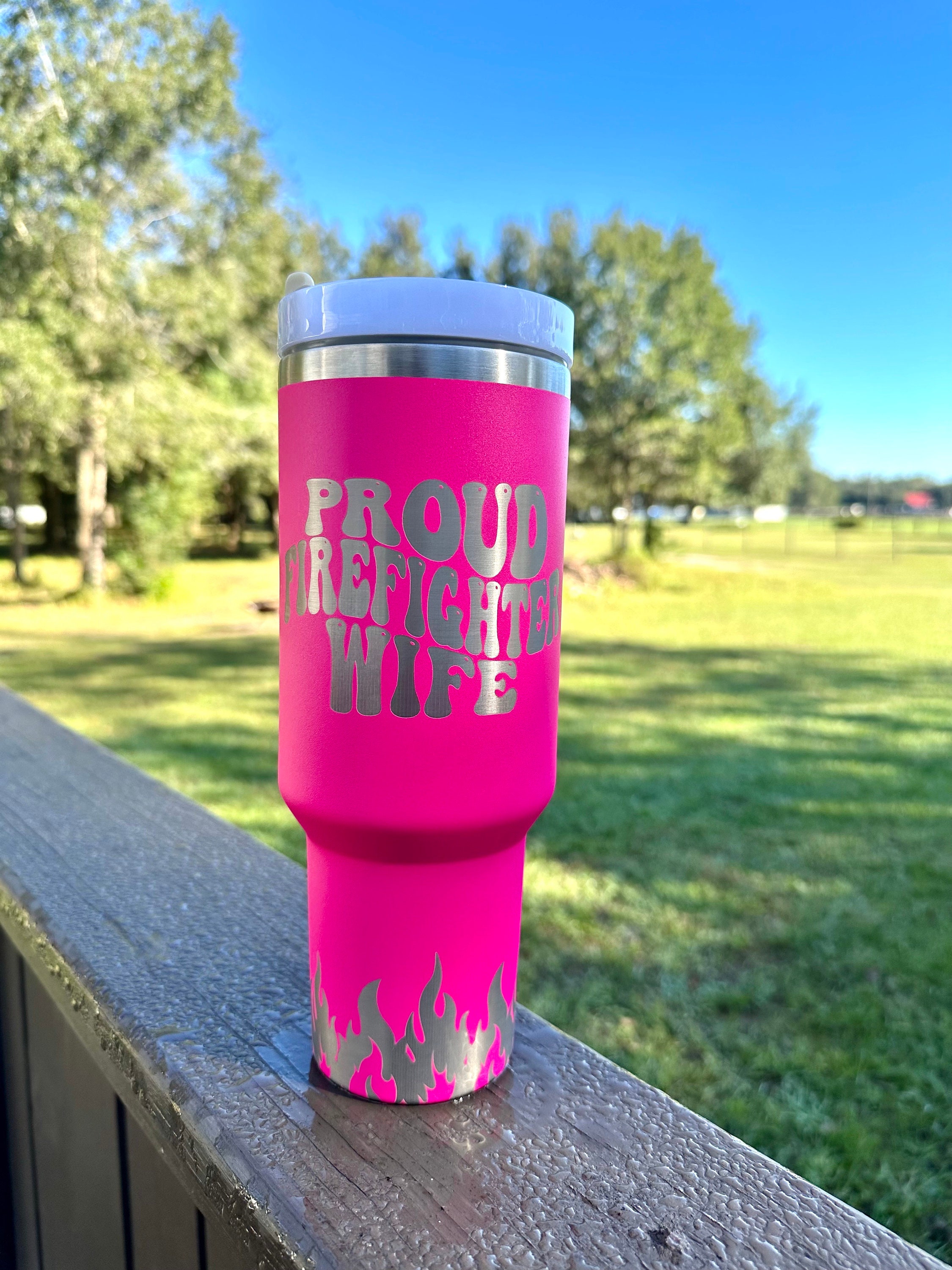 Proud Firefighter Wife! 40 oz Stainless Steel Insulated Tumbler with Handle, Laser Engraved tumbler