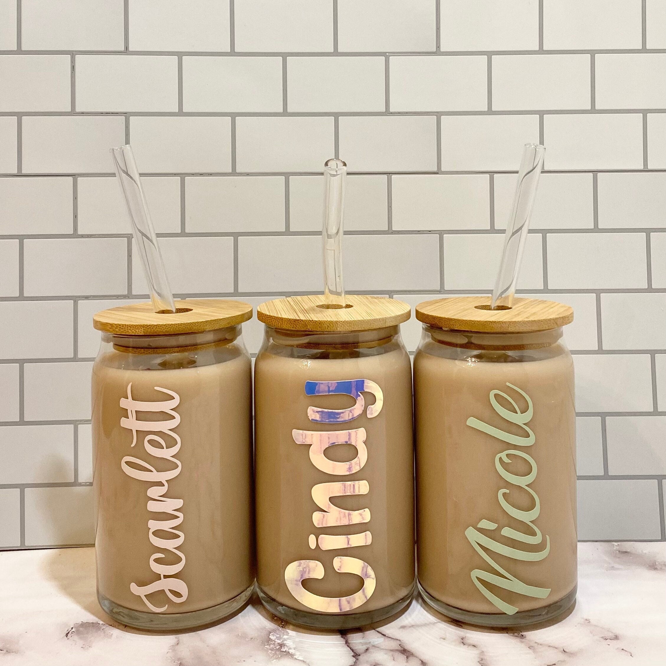 Personalized Iced Coffee Cup 16oz Glass Soda Can Reusable Cup with Bamboo Top and Glass Straw. Glass Beer Can Cup. Glass Libby Cup Name Cup