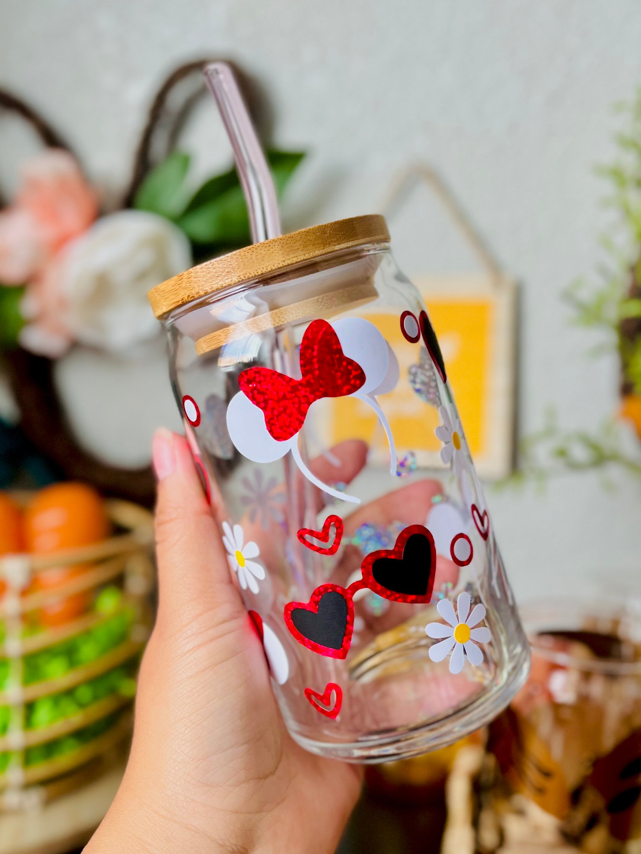 Spring Minnie Mouse Disney Ears 16 oz Beer Can Glass| Spring Cup | Self Love | Iced Coffee | Smoothie|Boho | Gift | Flowers |Sunglasses