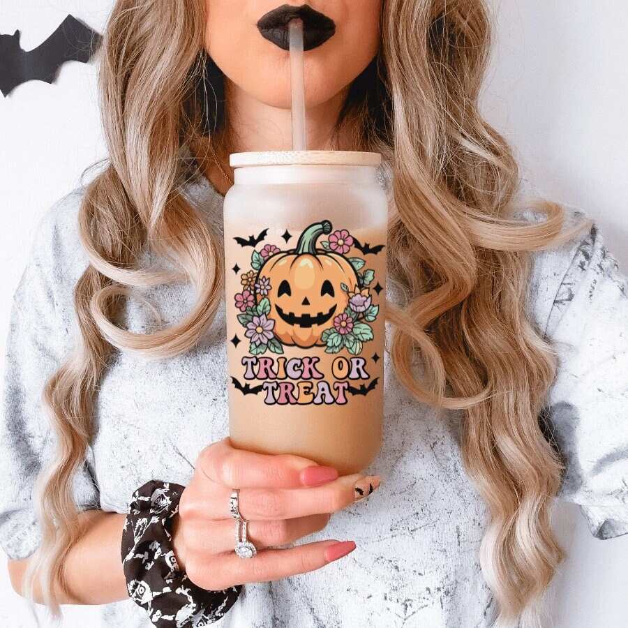 Trick or Treat Coffee Can Glass | Pumpkin Halloween Coffee Glass | Fall Coffee Mug | Spooky Mug | Coffee Glass | Halloween Coffee Can