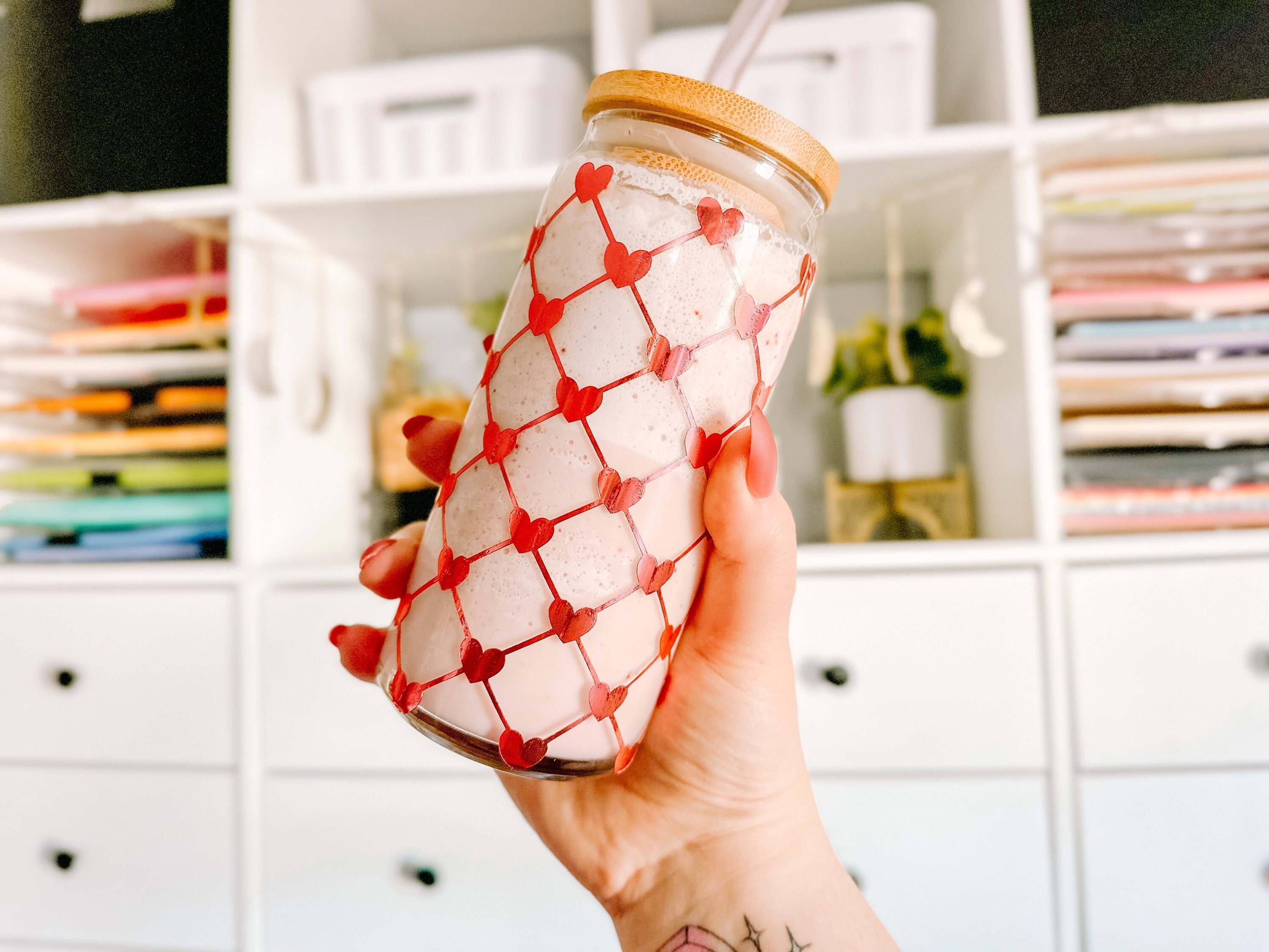 Diamond Checkered Hearts Iced Coffee Glass, Aesthetic Coffee Glass, Valentines Day Coffee Cup, Retro Coffee Glass, Aesthetic Coffee Cup