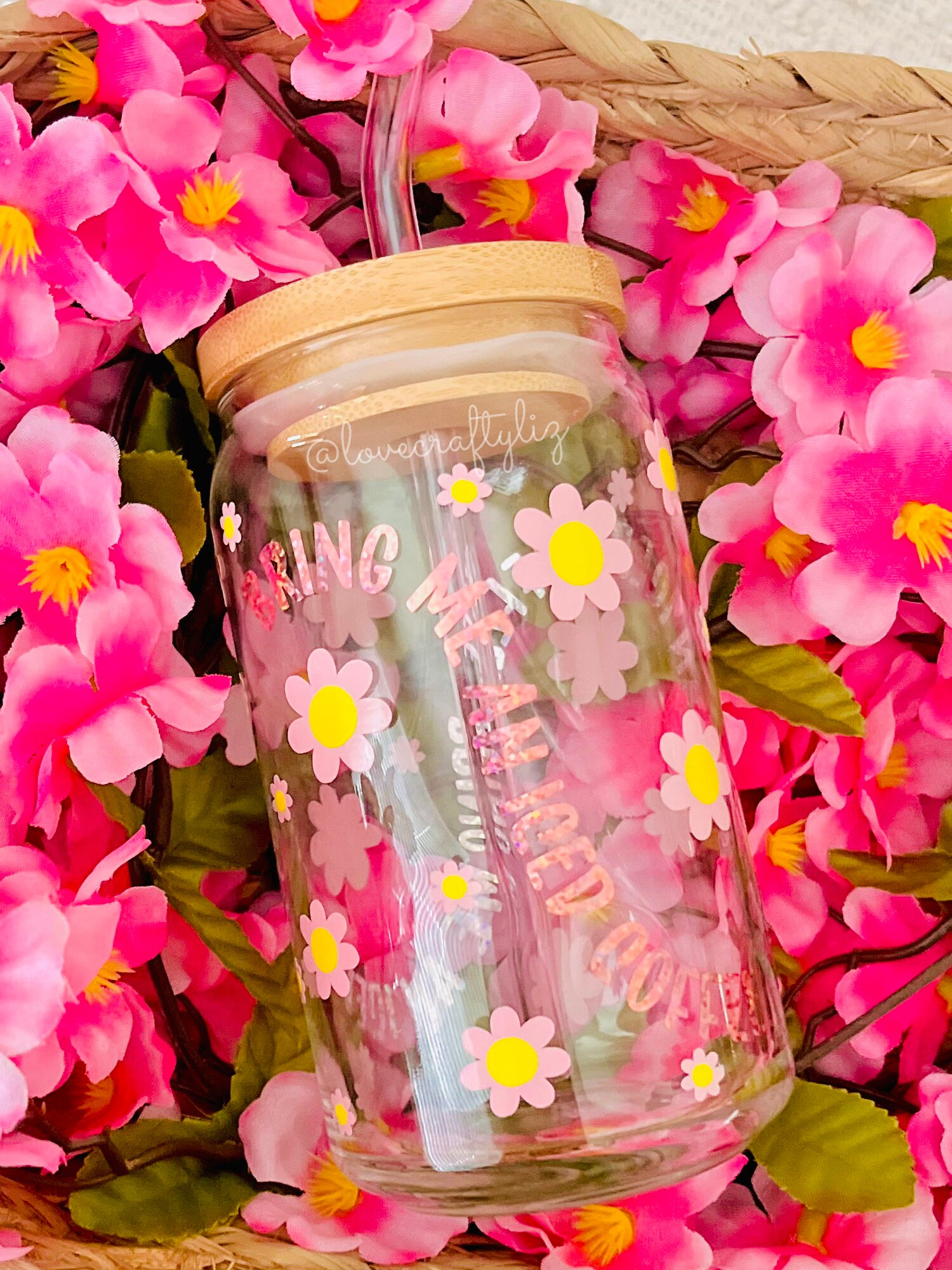 Bring Me An Iced Coffee Floral Daisies 16 oz Beer Can Glass | Spring Cup | Self Love | Iced Coffee | Smoothie | Boho | Gift |Easter Flowers