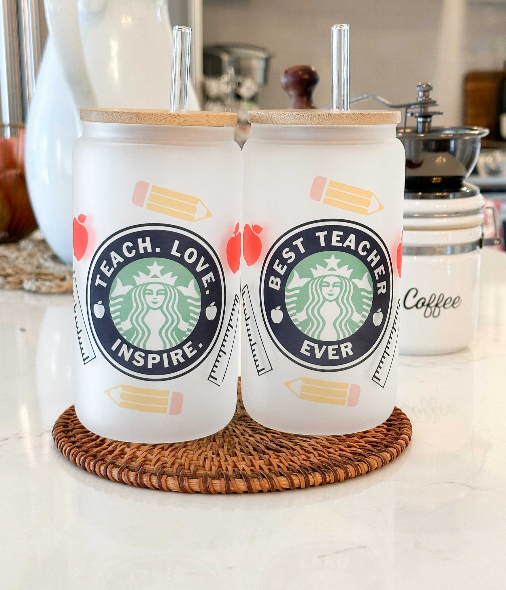 Best Teacher Coffee Cup,Teach Love Inspire, Ice Coffee Drink,Personalized Gift,Teacher Appreciation Gift, Starbucks Logo,16 oz Frosted Glass