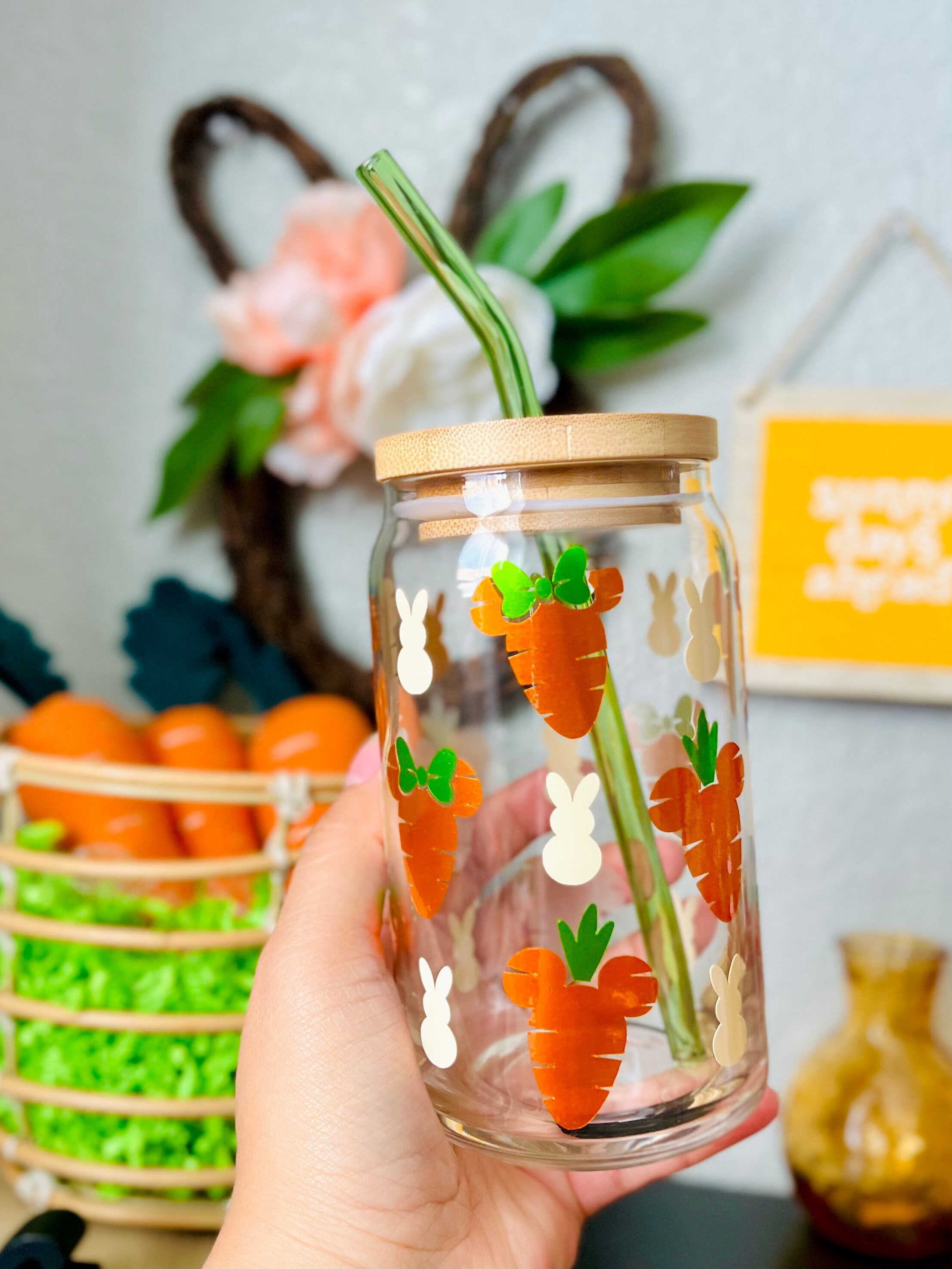 Minnie Mickey Mouse Easter Carrots 16oz Beer Can Glass | Spring Cup | Iced Coffee | Smoothie | Gift | Mom | Flowers | Bunny | Disney Ears