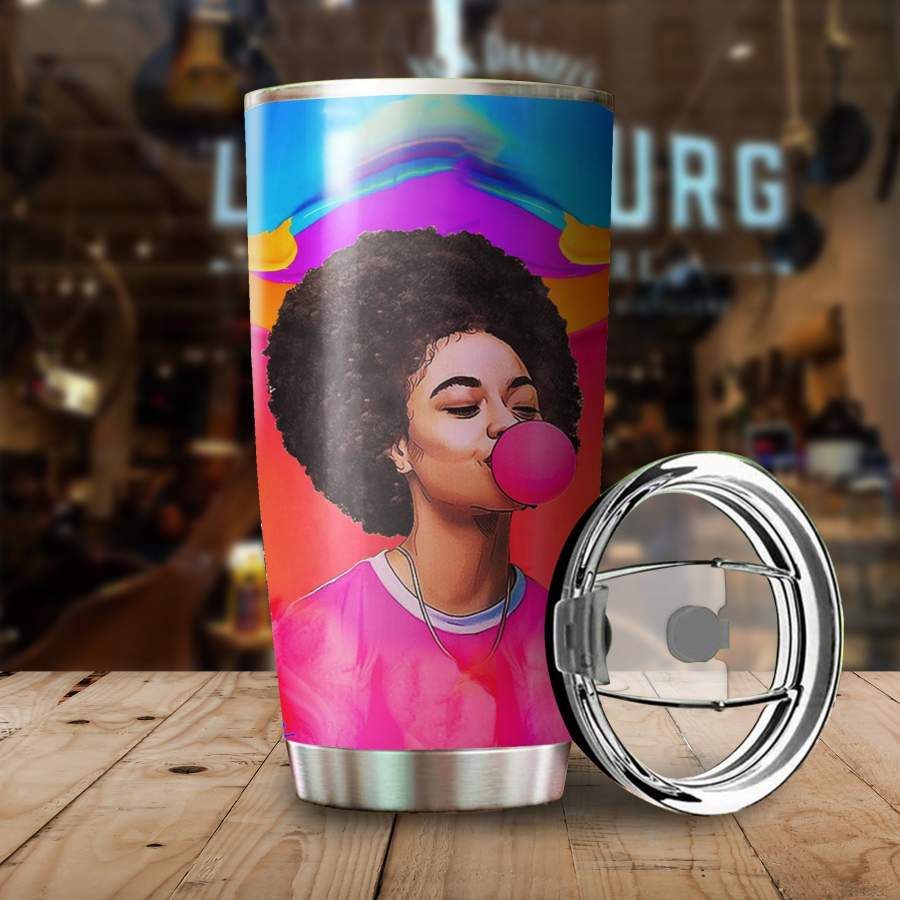 Black Girl Blow Pink Bubble  Stainless Steel Insulated Tumbler Cups