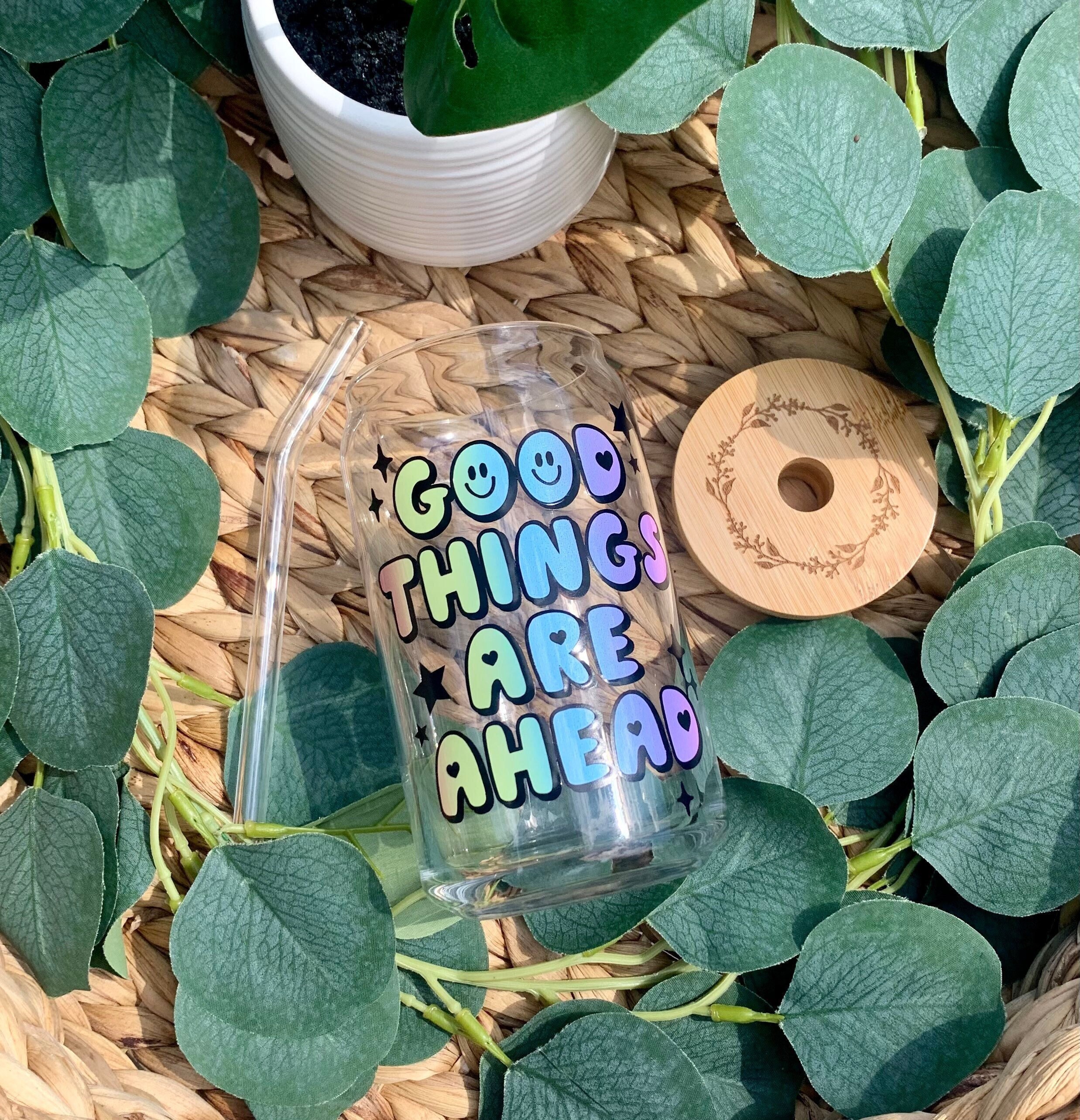 Good Things Are Ahead Beer can glass, Beer glass, libbey glass, coffee glass, engraved bamboo lid, iced coffee glass