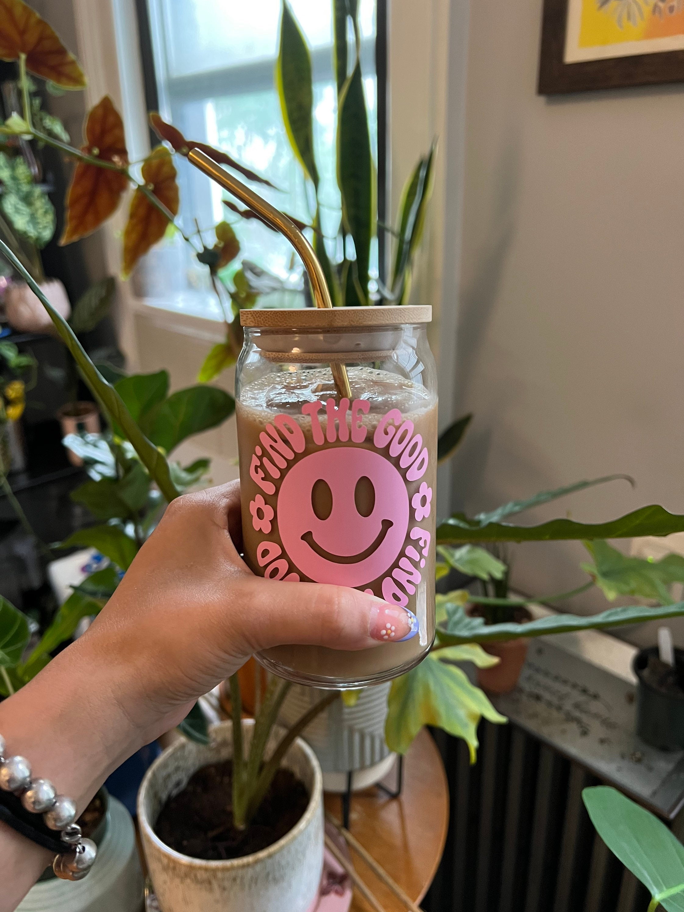 Happy Face Glass Cup | Iced Coffee Cup | Libbey Cup | Glass Cup | Coffee Glass | Iced Coffee Glass | Glass Can | Cute Cup | Trendy Glass Cup