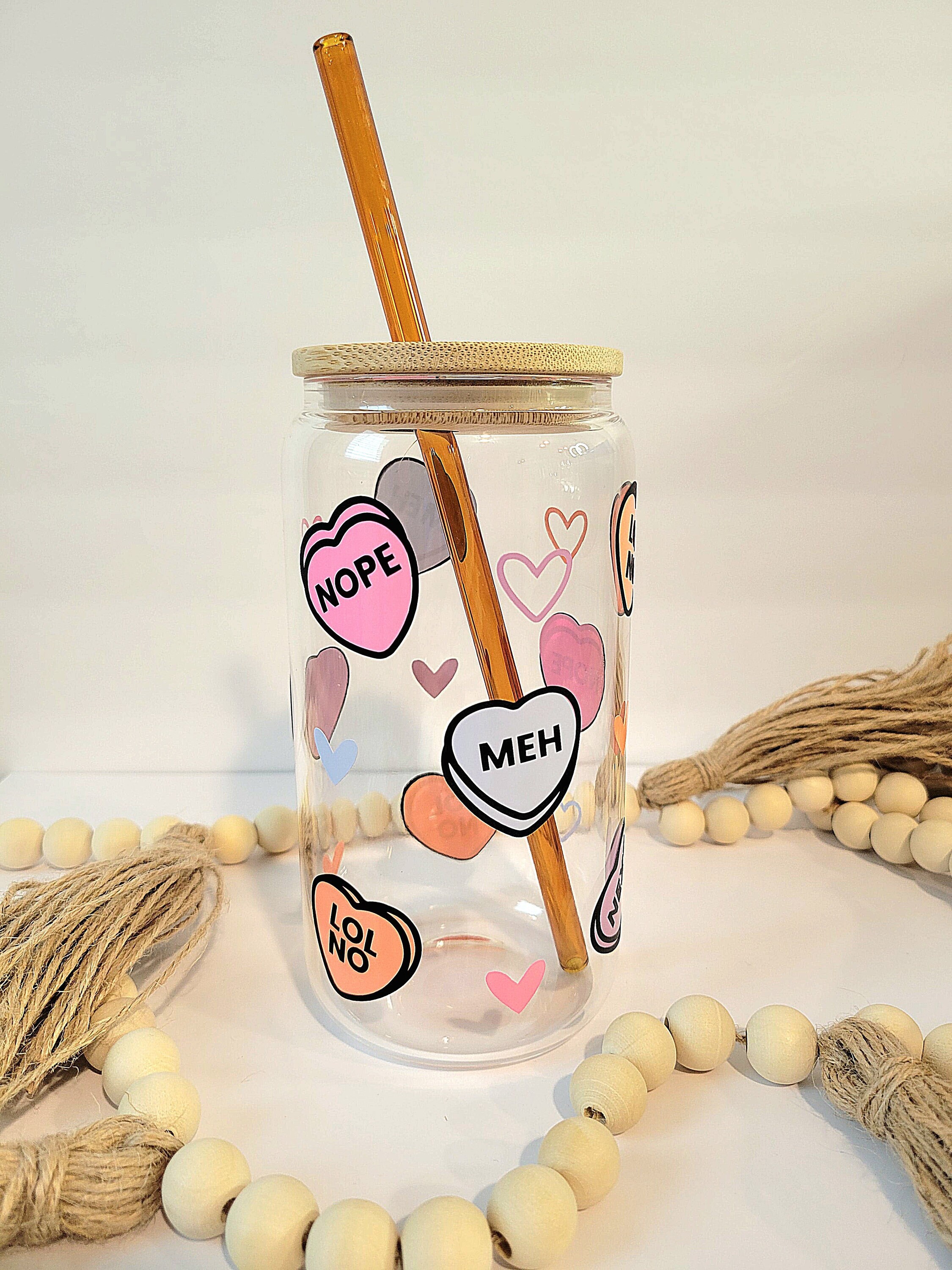 Anti Valentines Day Mug, Galentines Day Glass Can, Funny Candy Hearts Iced Coffee Glass Cup, Conversation Hearts, Single Awareness Day Gift