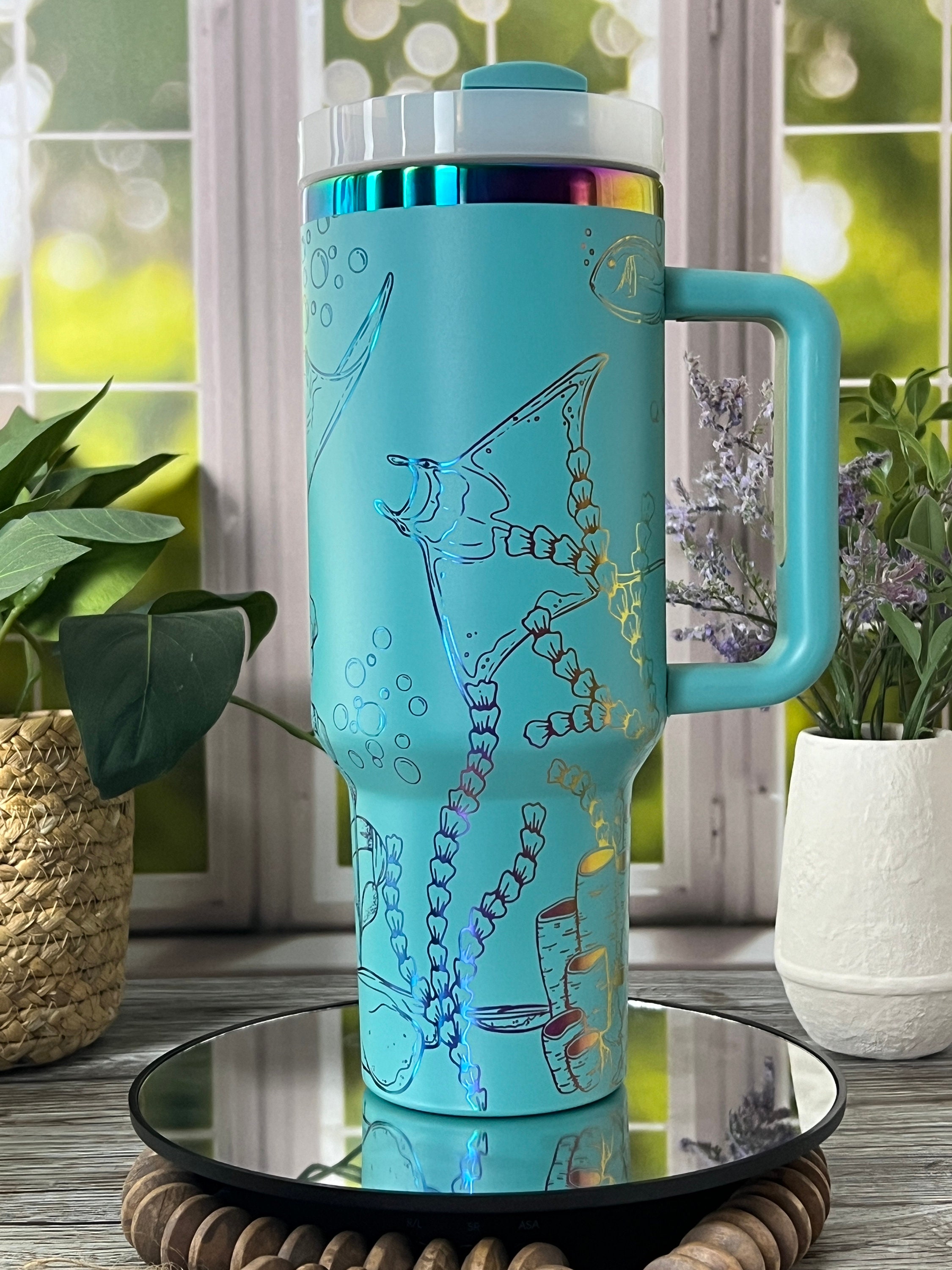 Stingrays Manta Rays Laser Engraved 40oz Tumbler with Handle Lid and Straw, Custom Engraved Seamless Tumbler, Double Wall Insulated Cup