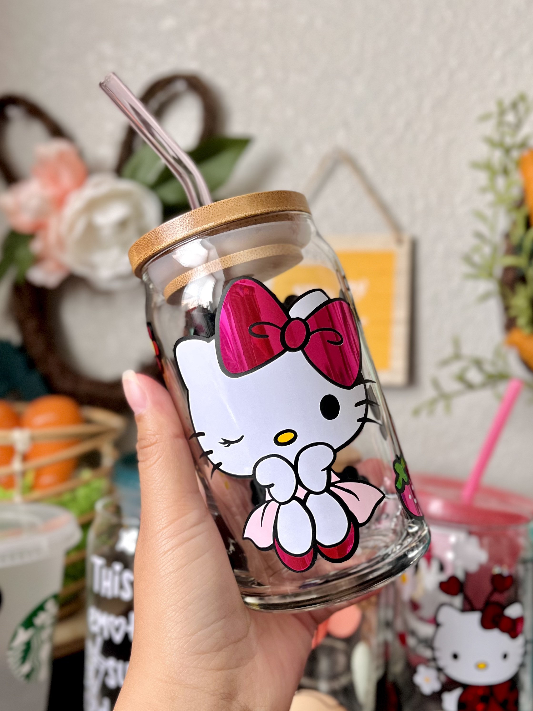 Ballerina Kitty 16 oz Beer Can Glass | Spring Cup | Self Love | Iced Coffee | Smoothie | Strawberry | Gift | Flowers | Kawaii Cat Butterfly